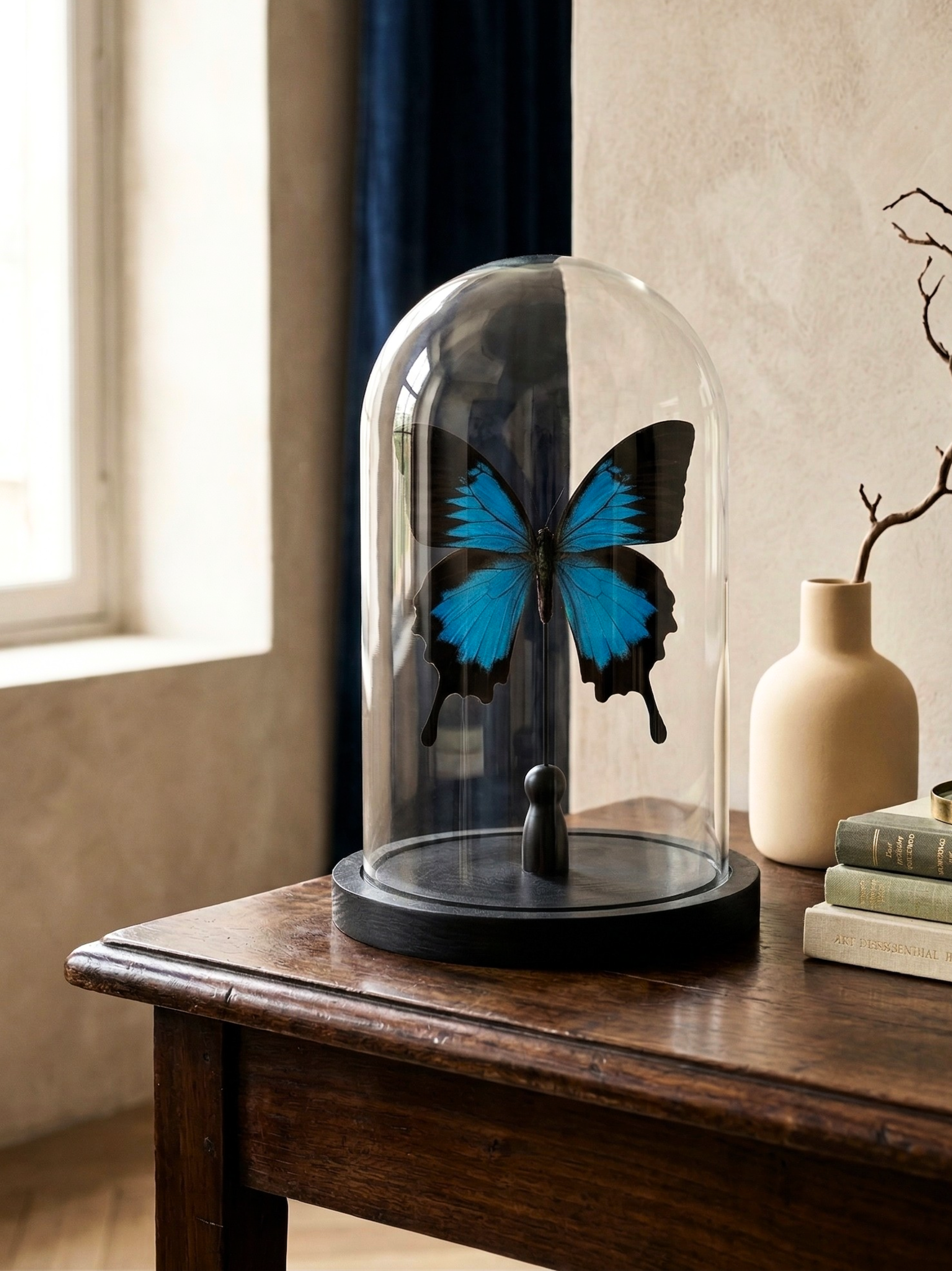 Papilio Ulysses Schmetterling, naturgetreu unter Glassturz – Großformat – exotisches Exemplar – 21 cm