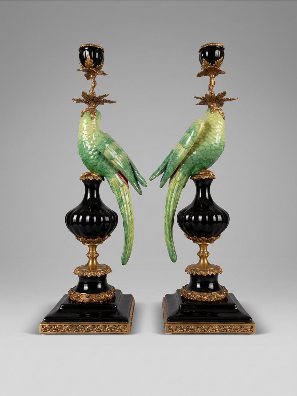 Pair of parrot candlesticks in porcelain and gilt bronze – Louis XVI style – 47 cm