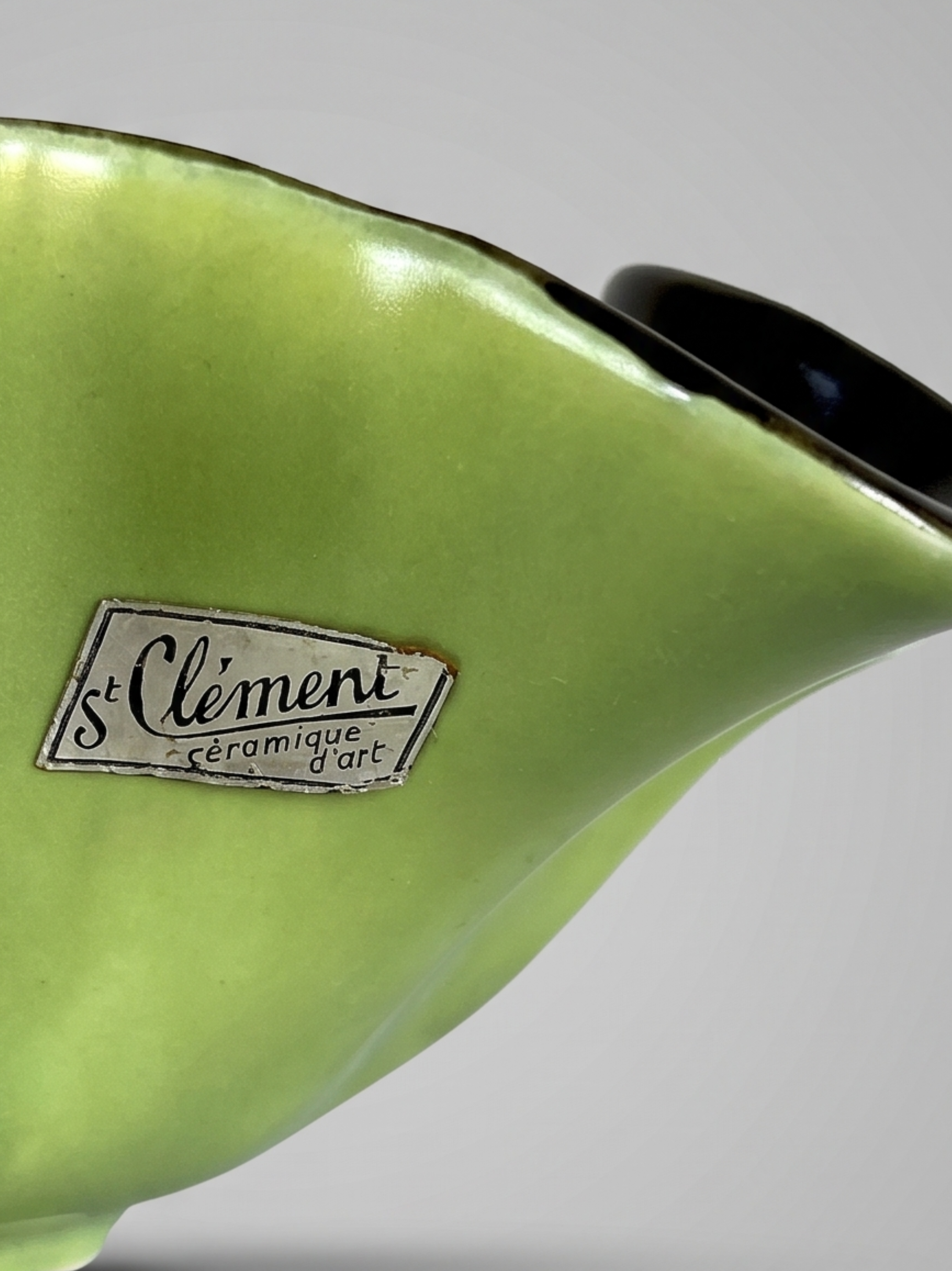 Lime green and black Saint-Clément ceramic bowl / centerpiece – model 8218 – B. Letalle – 1950s
