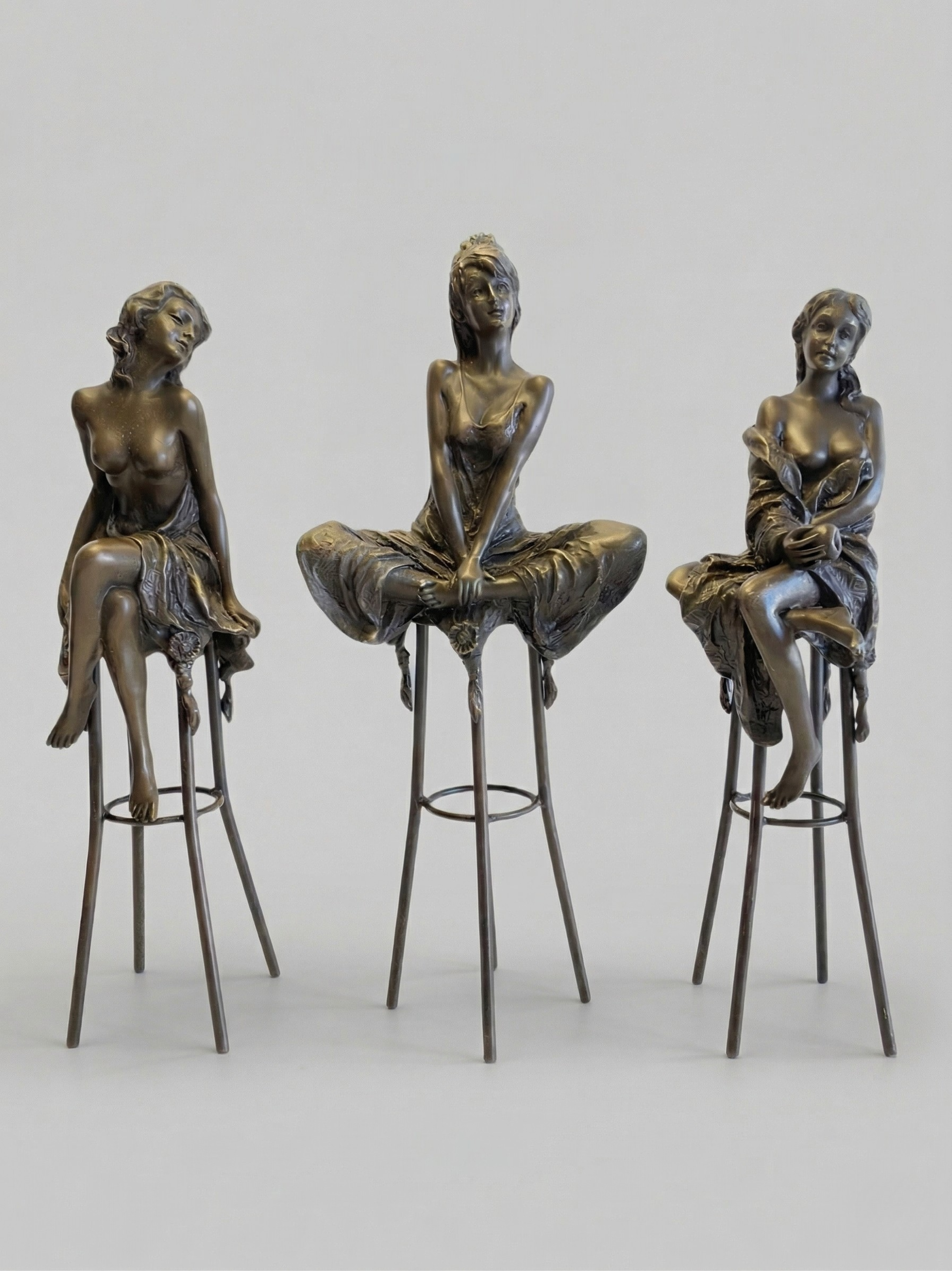 Superb set of 3 signed Collinet bronze sculptures – Art Deco style – 28 cm