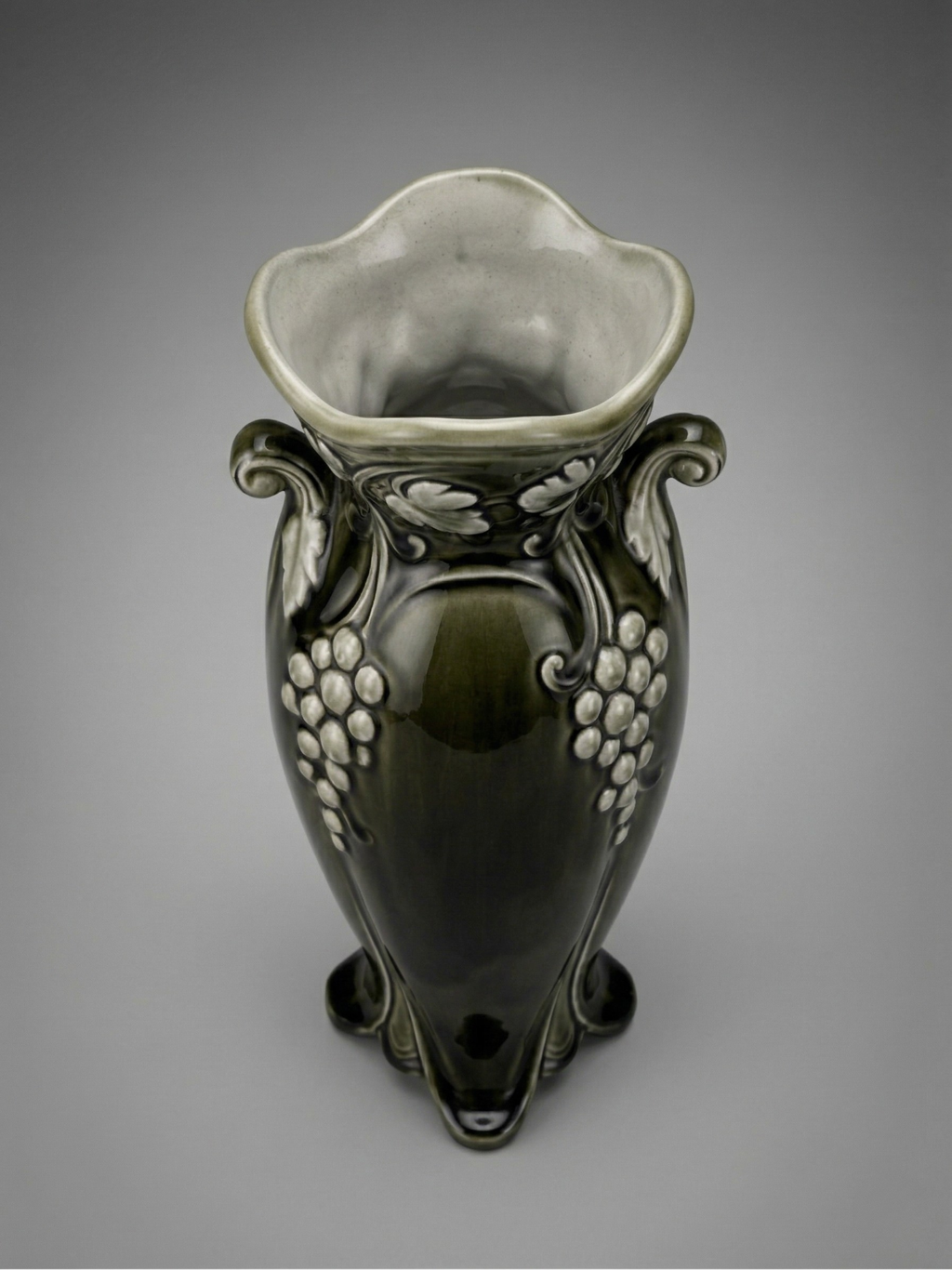 Art Nouveau De Bruyn Vase – Model 4696 – Embossed Grape Decoration – Glazed Ceramic – 29 cm