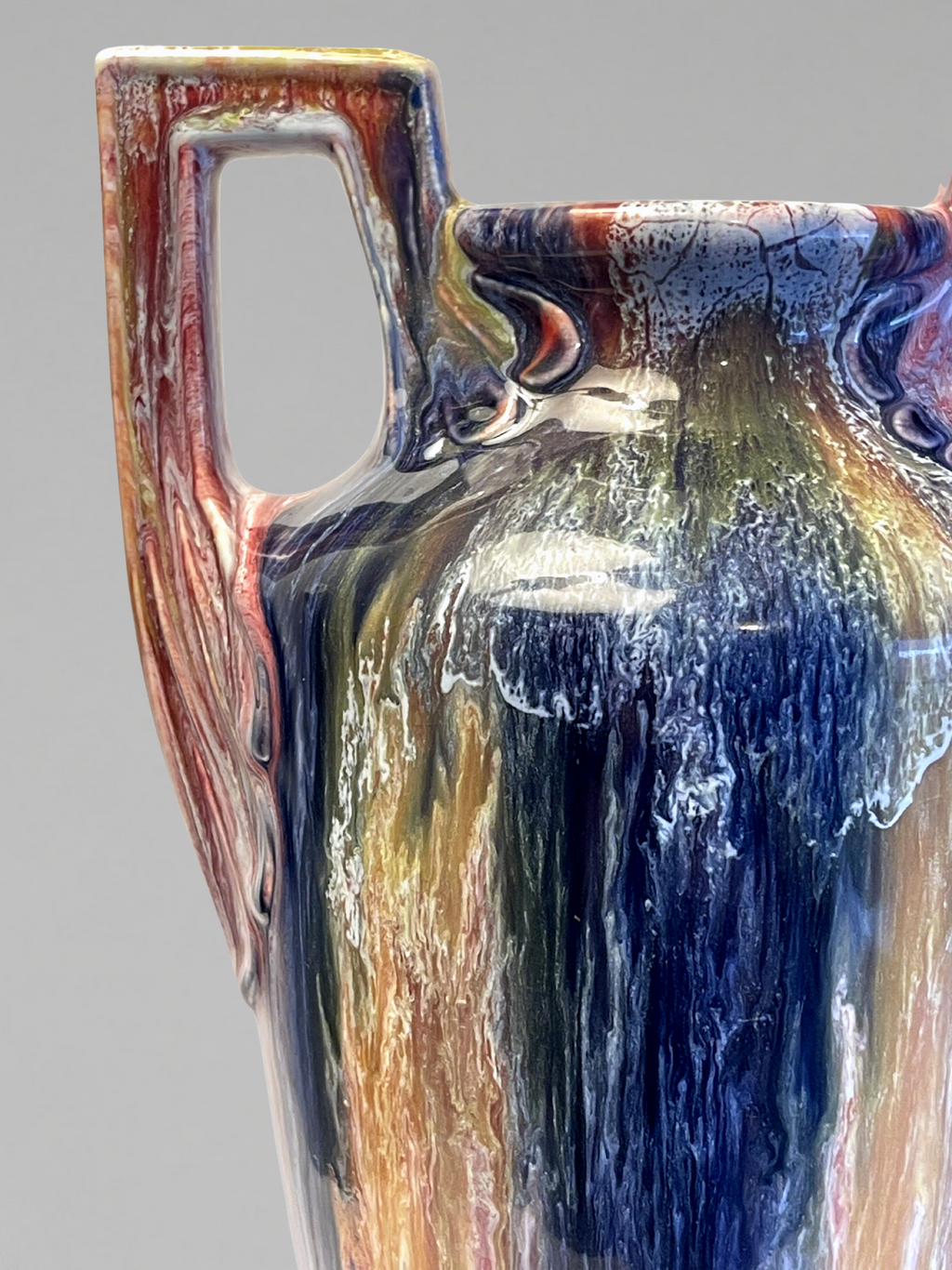 Large Elgé vase – French art pottery – Art Deco handles – polychrome flambé glaze - 32 cm