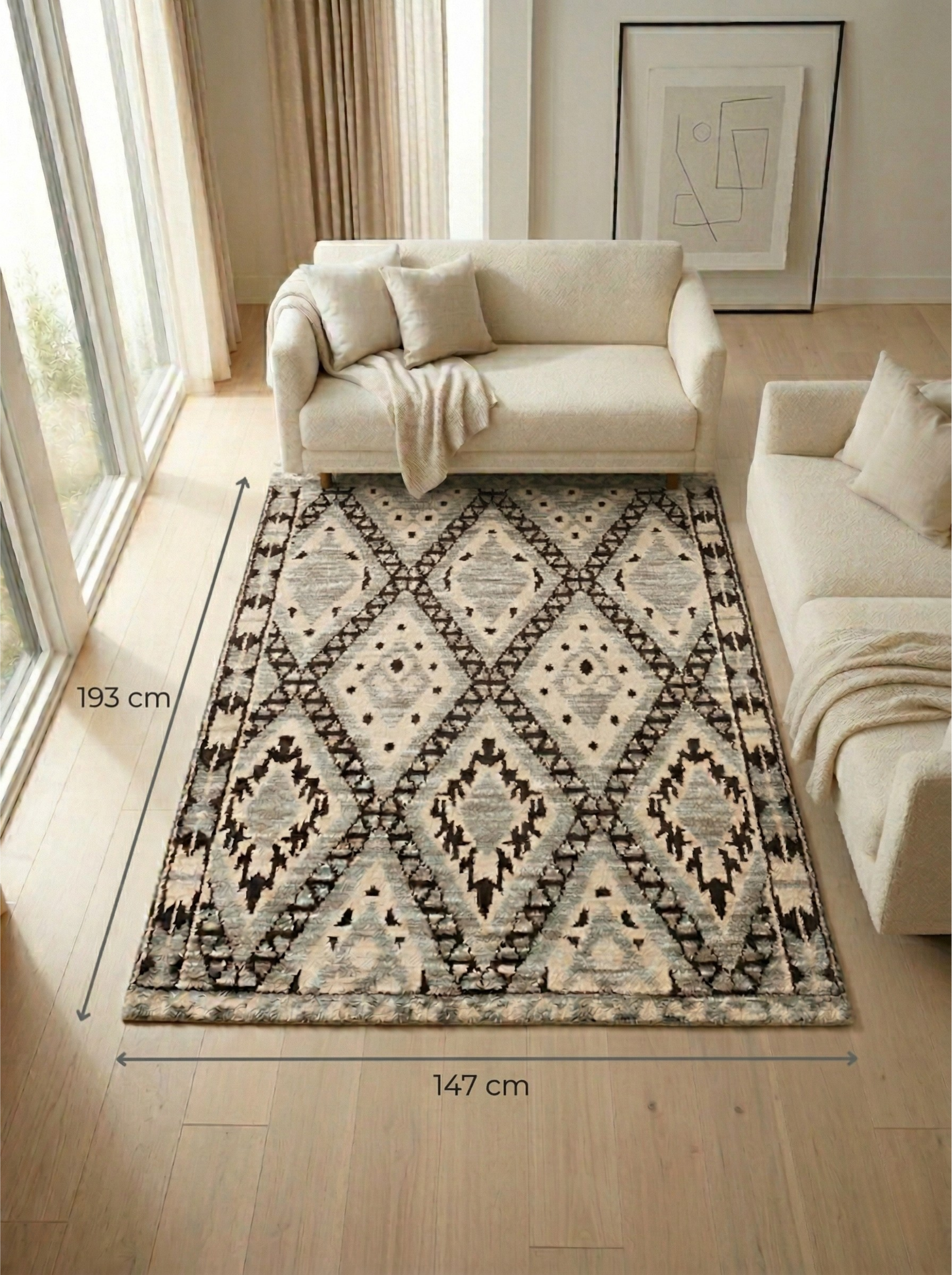 Tapis Indien en laine épaisse inspiration berbère – 147 x 193 cm – ambiance chaleureuse & élégante