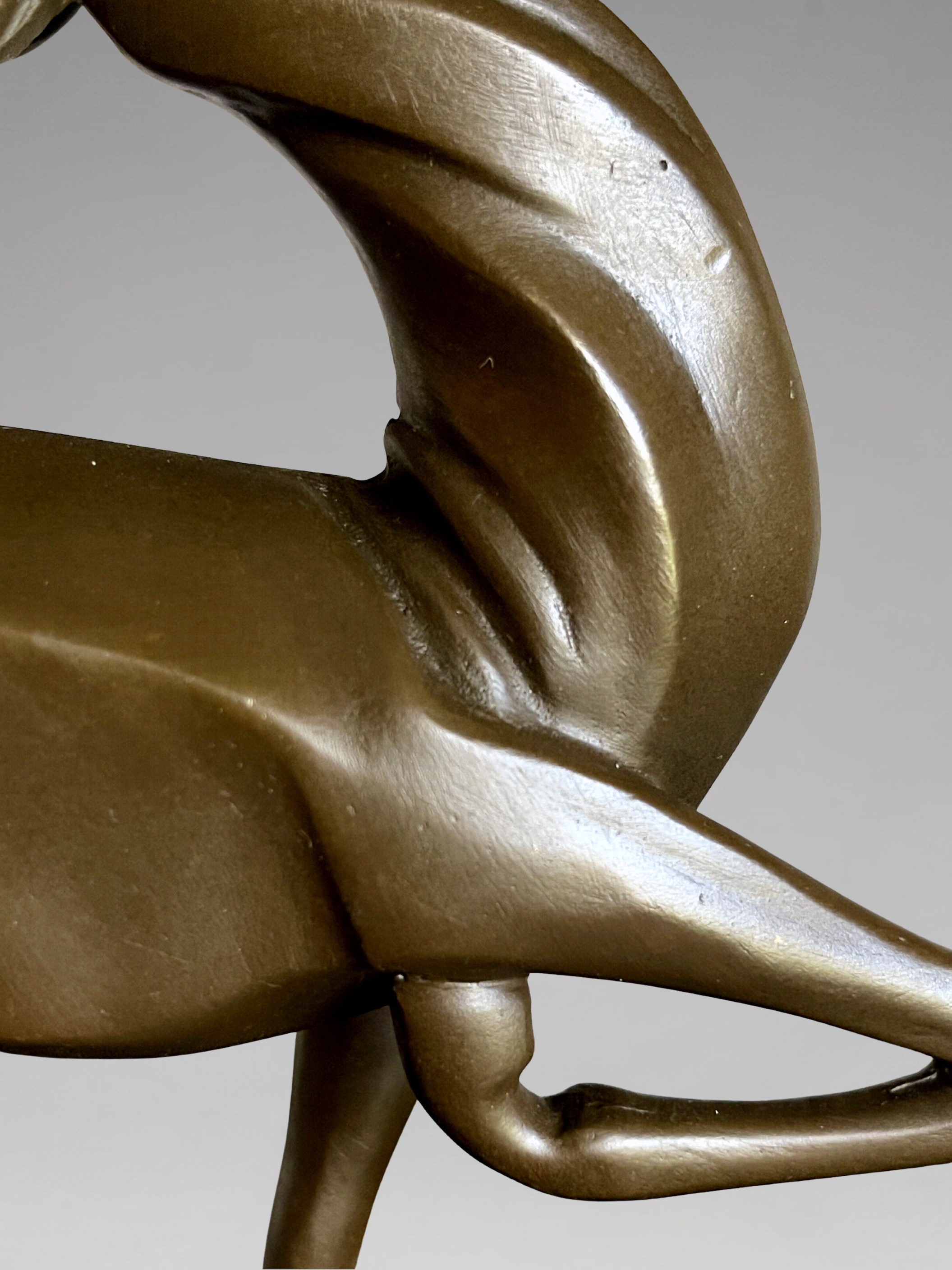 Art Deco patinated bronze antelope sculpture, after Marcel Bouraine, black marble base – 22 cm