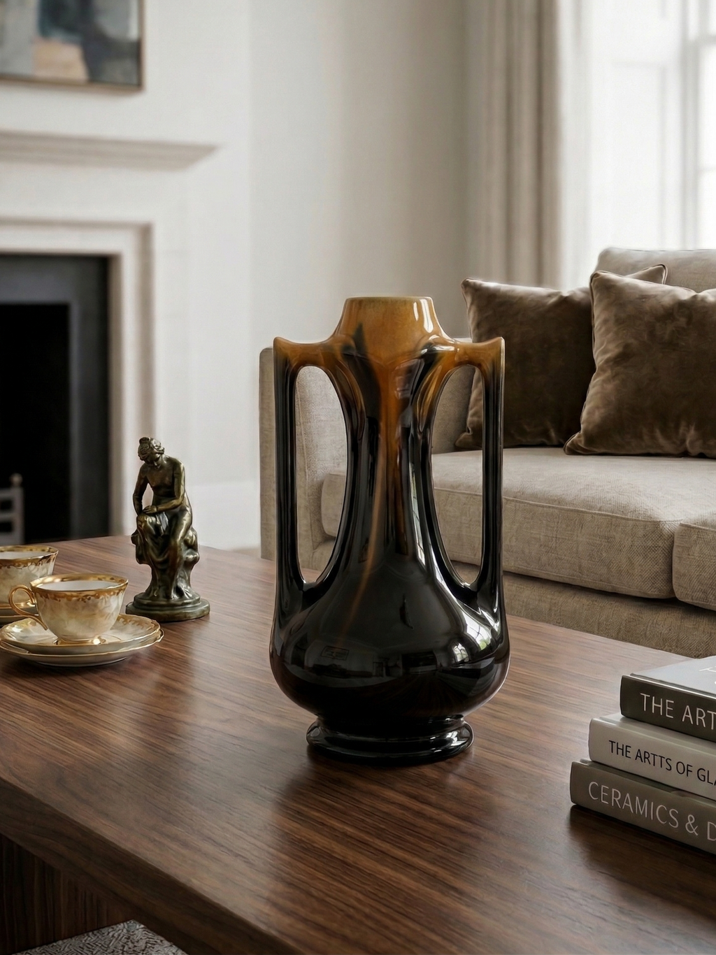 Art Deco vase in flamed black-brown enameled stoneware – openwork handles – French work – 1930s – 28 cm