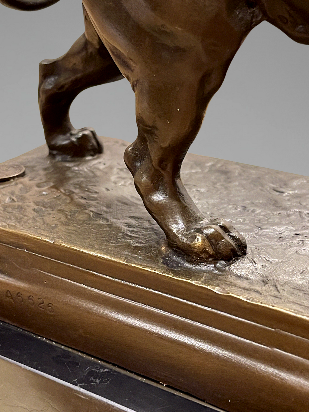 Bronzeskulptur eines brüllenden Löwen, patiniert, nach Ch. Valton auf schwarzem Sockel im Stil des 19. Jahrhunderts