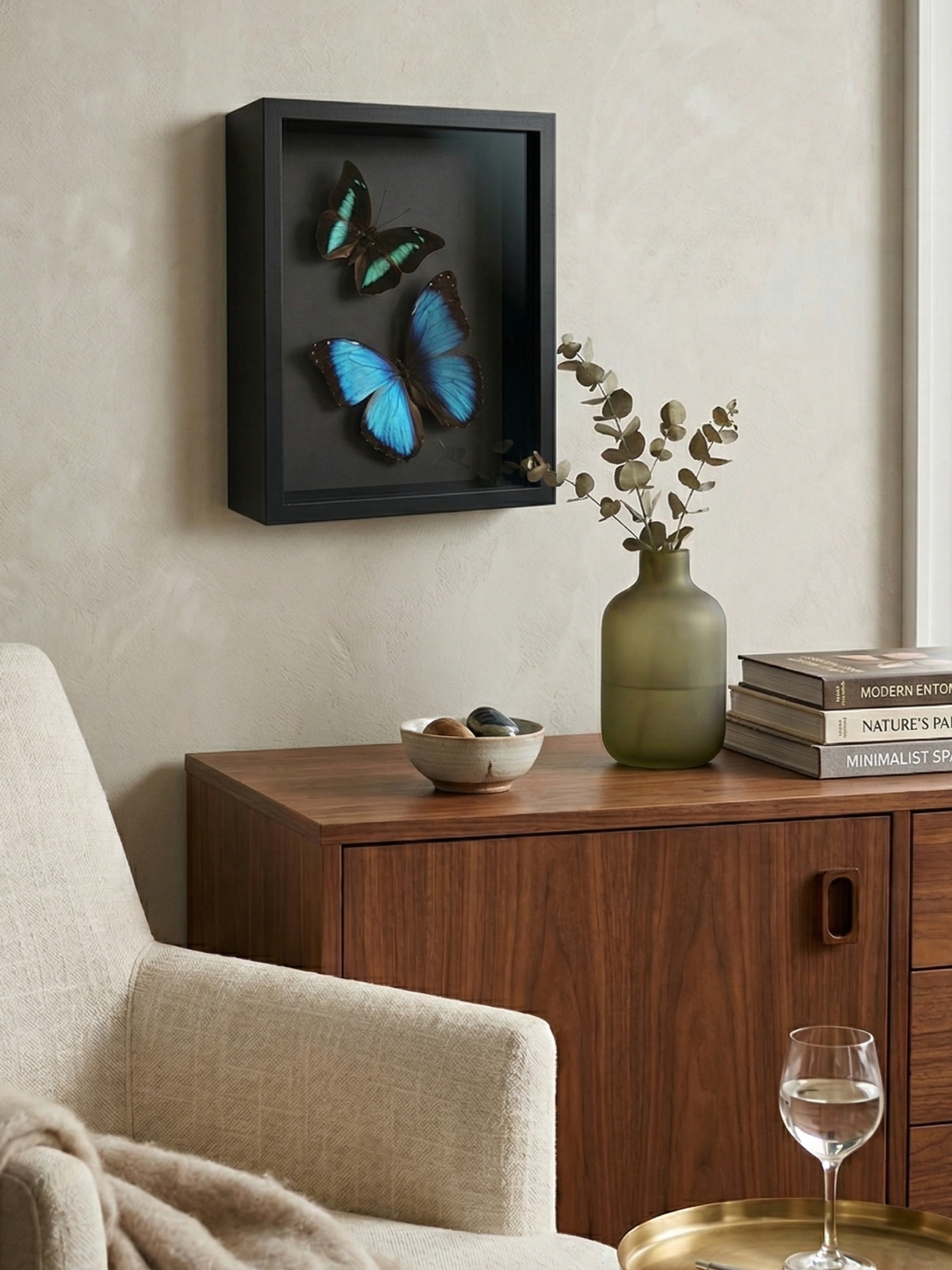 Entomological frame with blue Morpho butterflies – Contemporary naturalist composition under glass