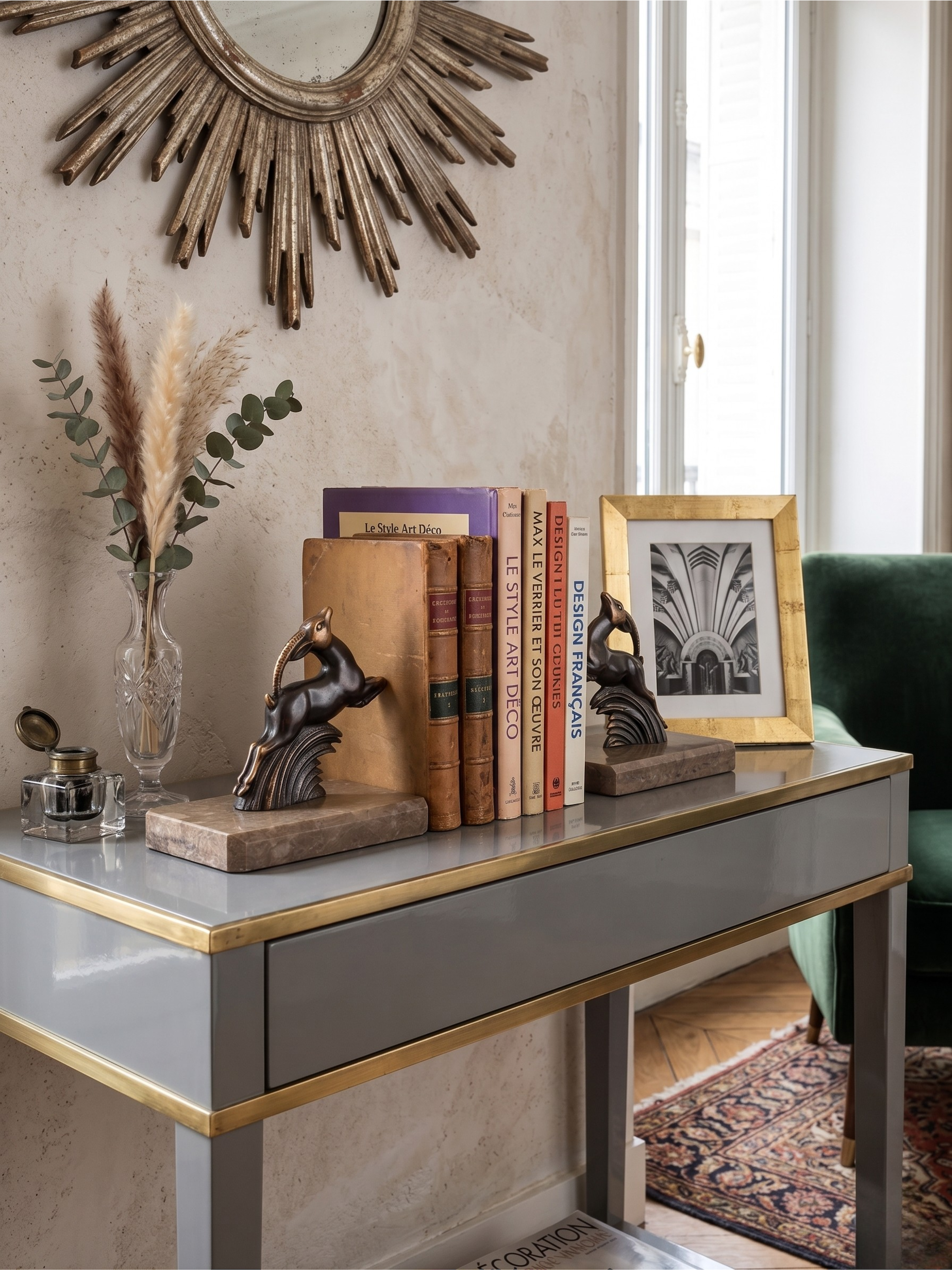 Art Deco bookends in patinated spelter – stylized animal pair – taupe marble bases – 1930s