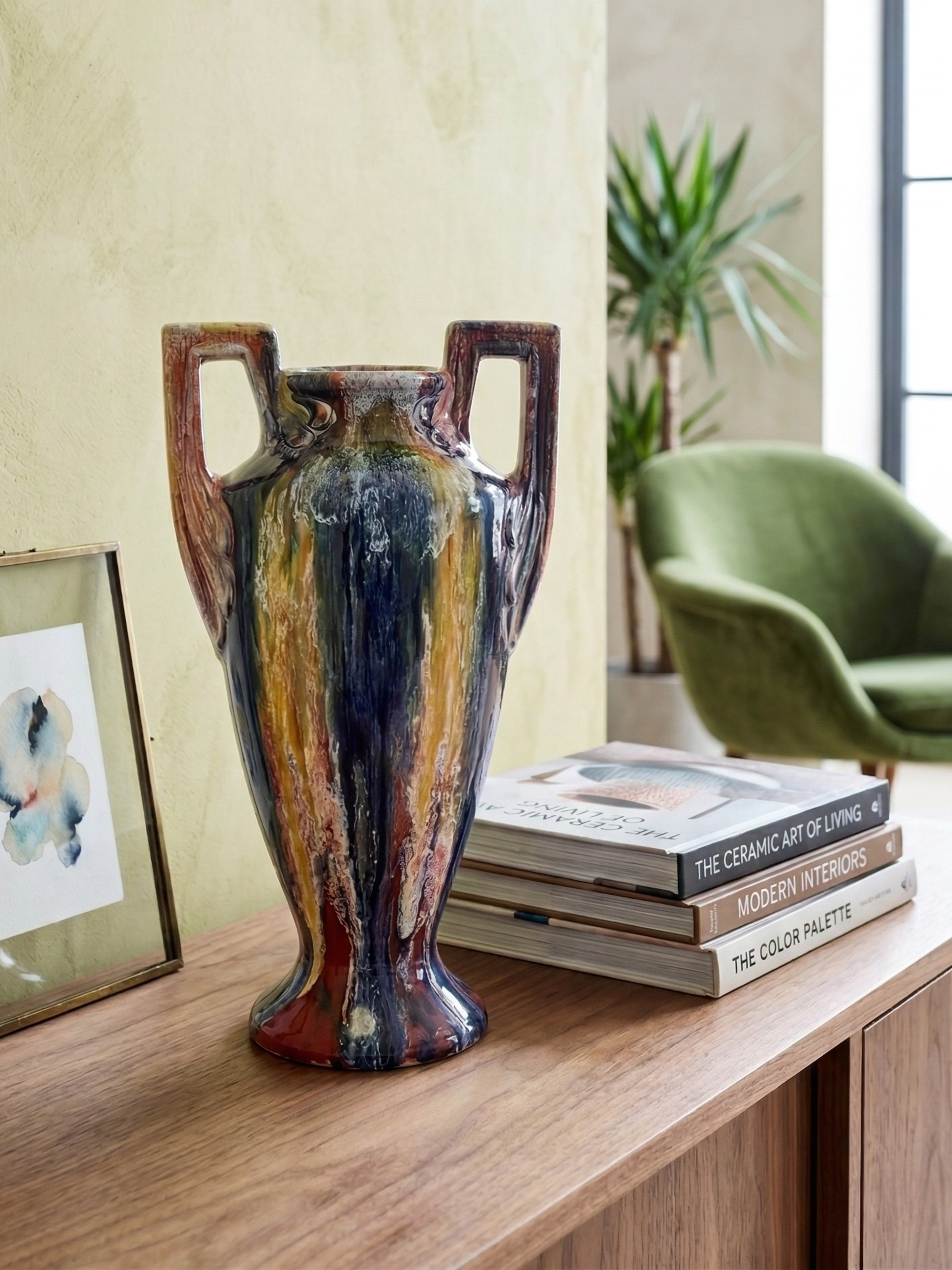 Large Elgé vase – French art pottery – Art Deco handles – polychrome flambé glaze - 32 cm