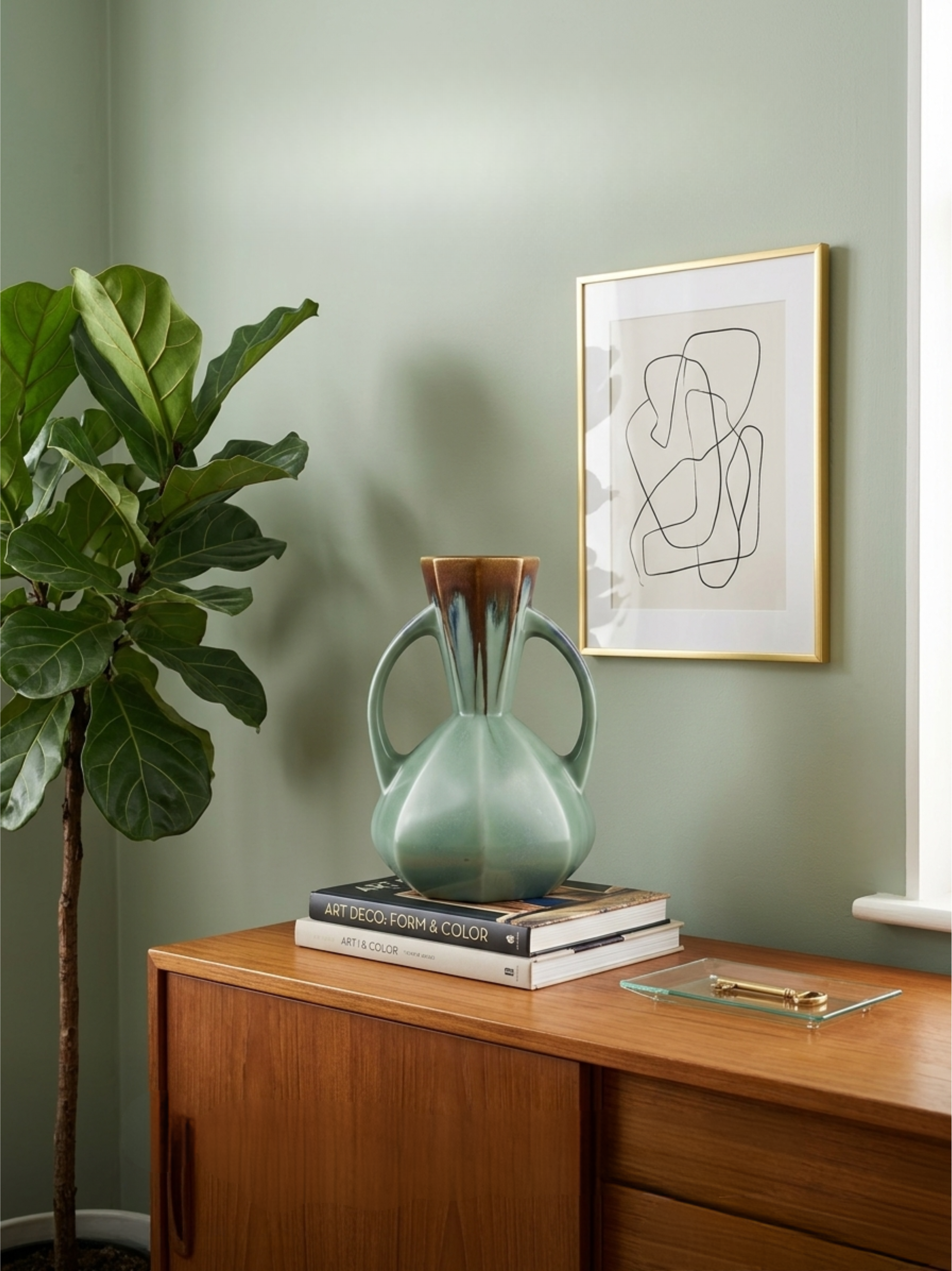 Art-déco-Vase – Faïencerie De Bruyn – Frankreich – Grüne und braune Tropfglasur – 19 cm