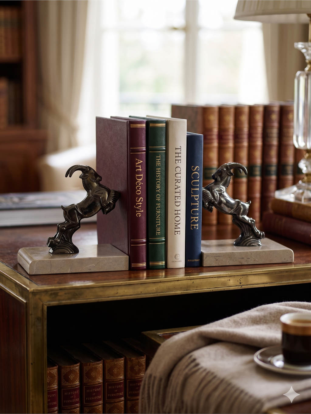 Serre-livres Art Déco bouquetins en régule patiné sur socle marbre taupe – paire années 1930