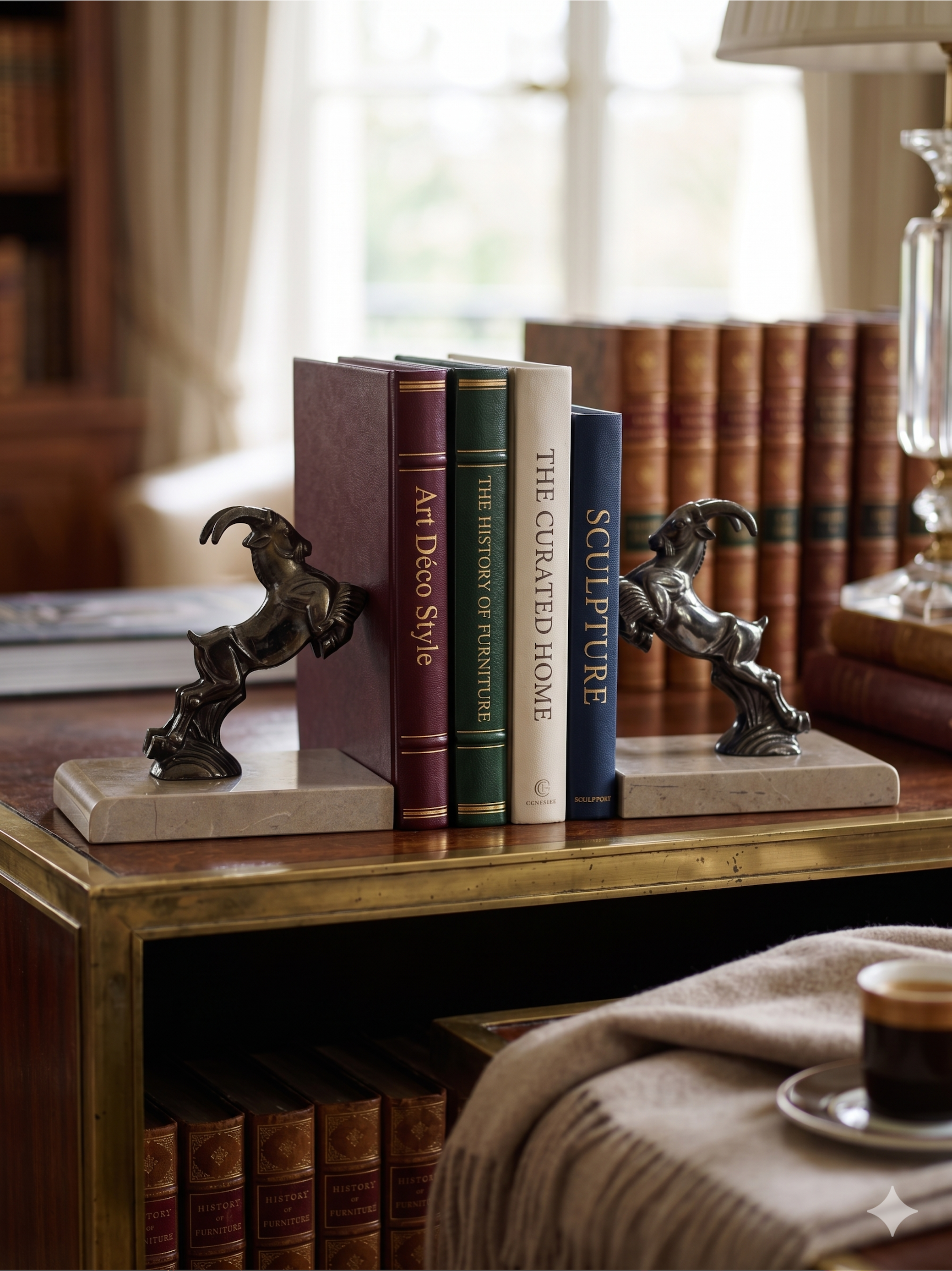 Art Deco ibex bookends in patinated spelter on taupe marble base – pair from the 1930s