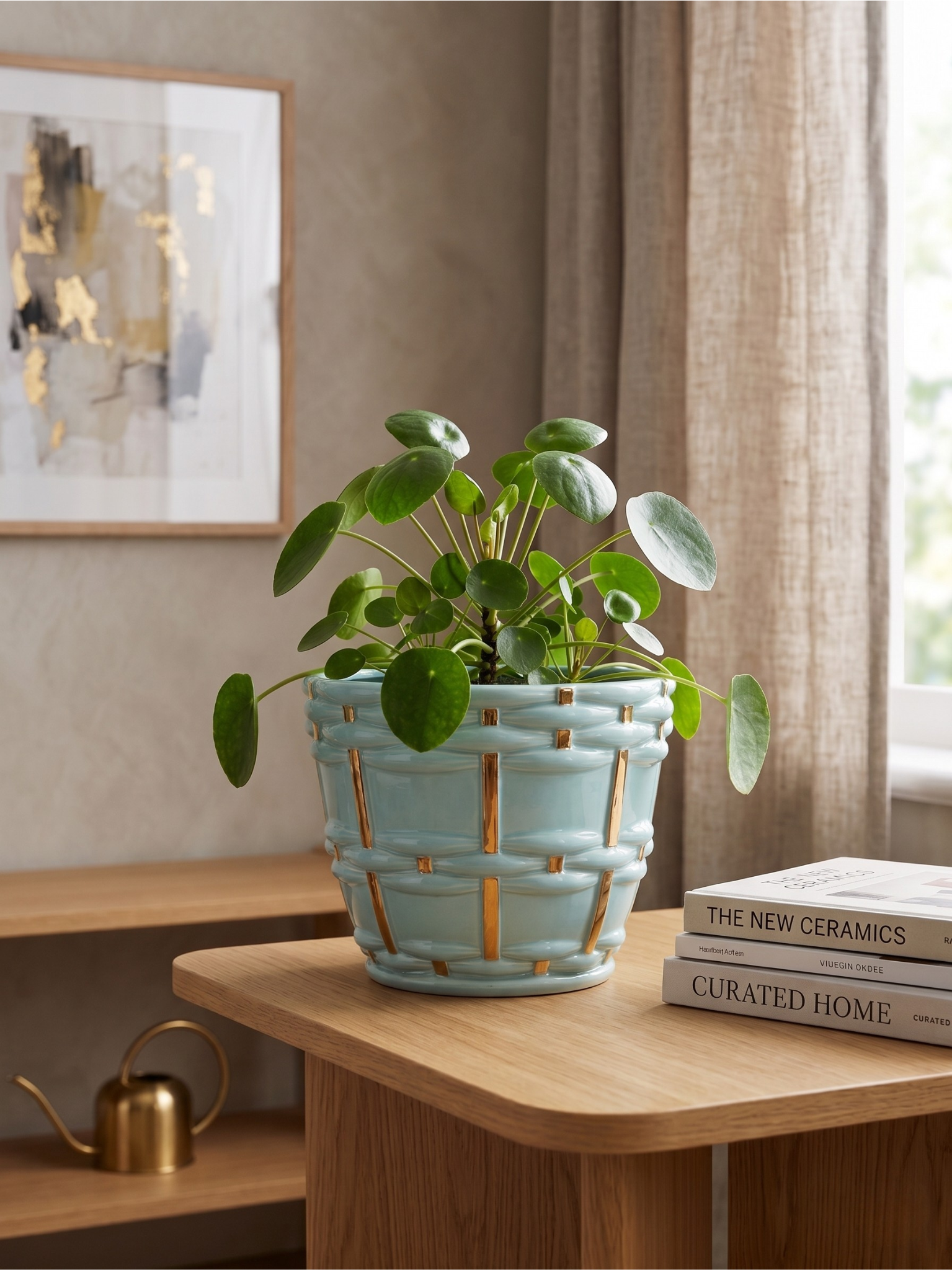 Cache-pot jardinière Saint-Clément signé Blanche Letalle modèle 4086-000 en céramique bleu et dorure – 28 cm