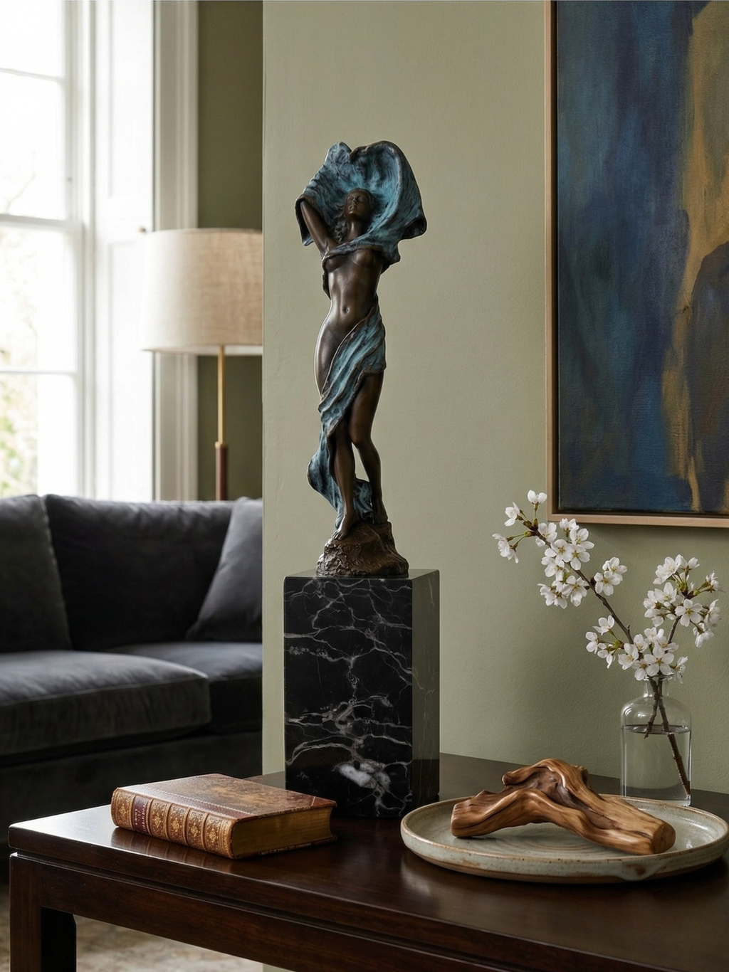 Art Deco polychrome bronze sculpture – Woman with drapery – Signed MILO - 36cm