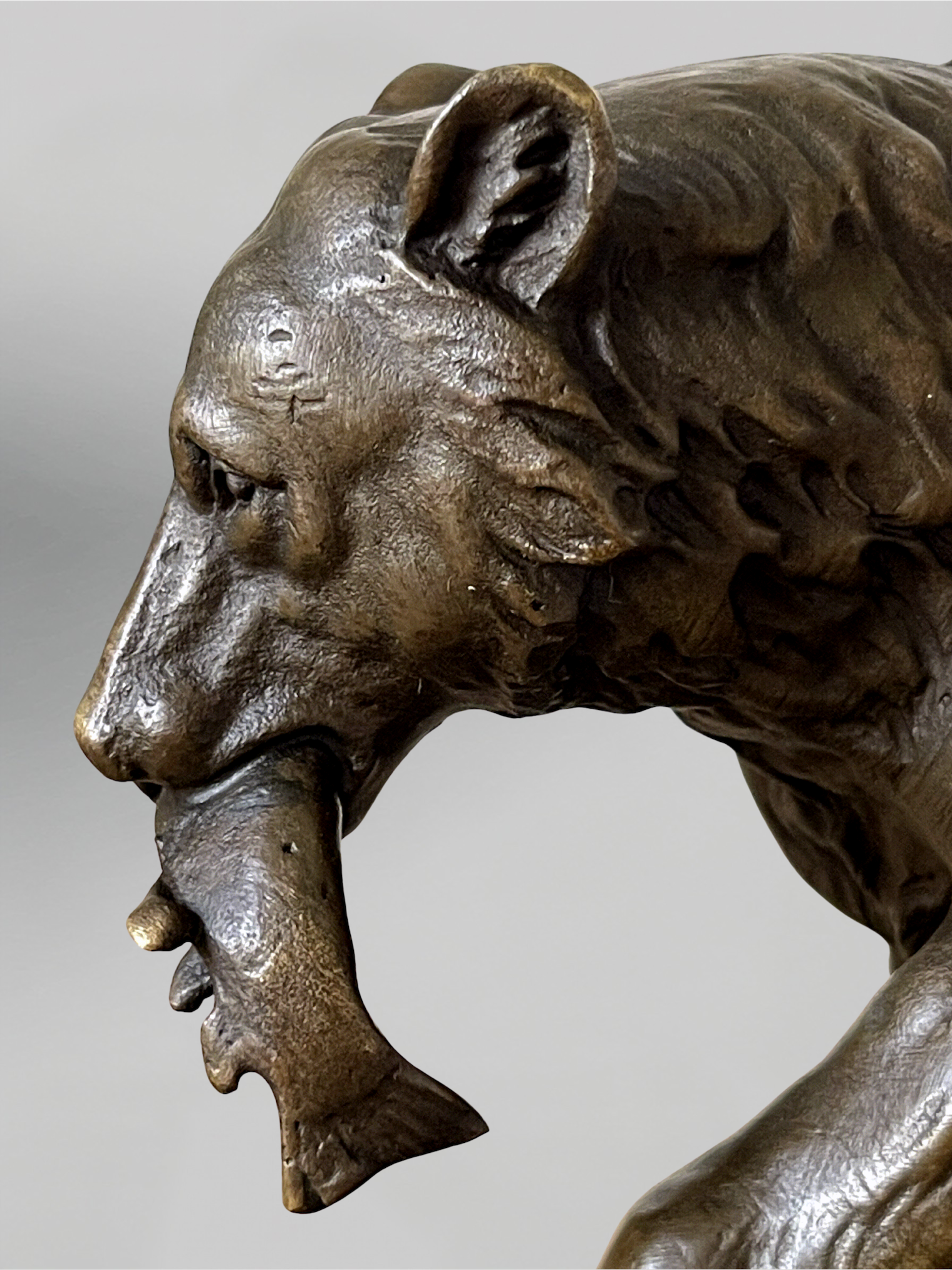 Sculpture animalière d’ours au poisson en bronze patiné signée Milo sur socle noir – style XIXe