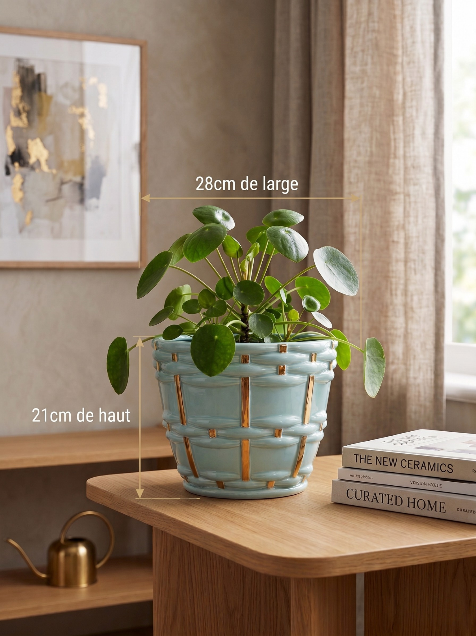 Cache-pot jardinière Saint-Clément signé Blanche Letalle modèle 4086-000 en céramique bleu et dorure – 28 cm