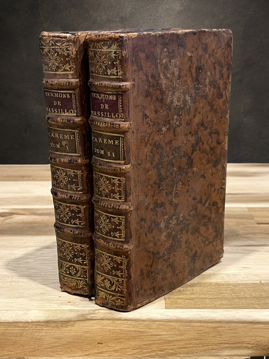 Paire de livres anciens reliés en plein cuir – Sermons de Massillon – Carême – Édition de 1769 – XVIIIe siècle