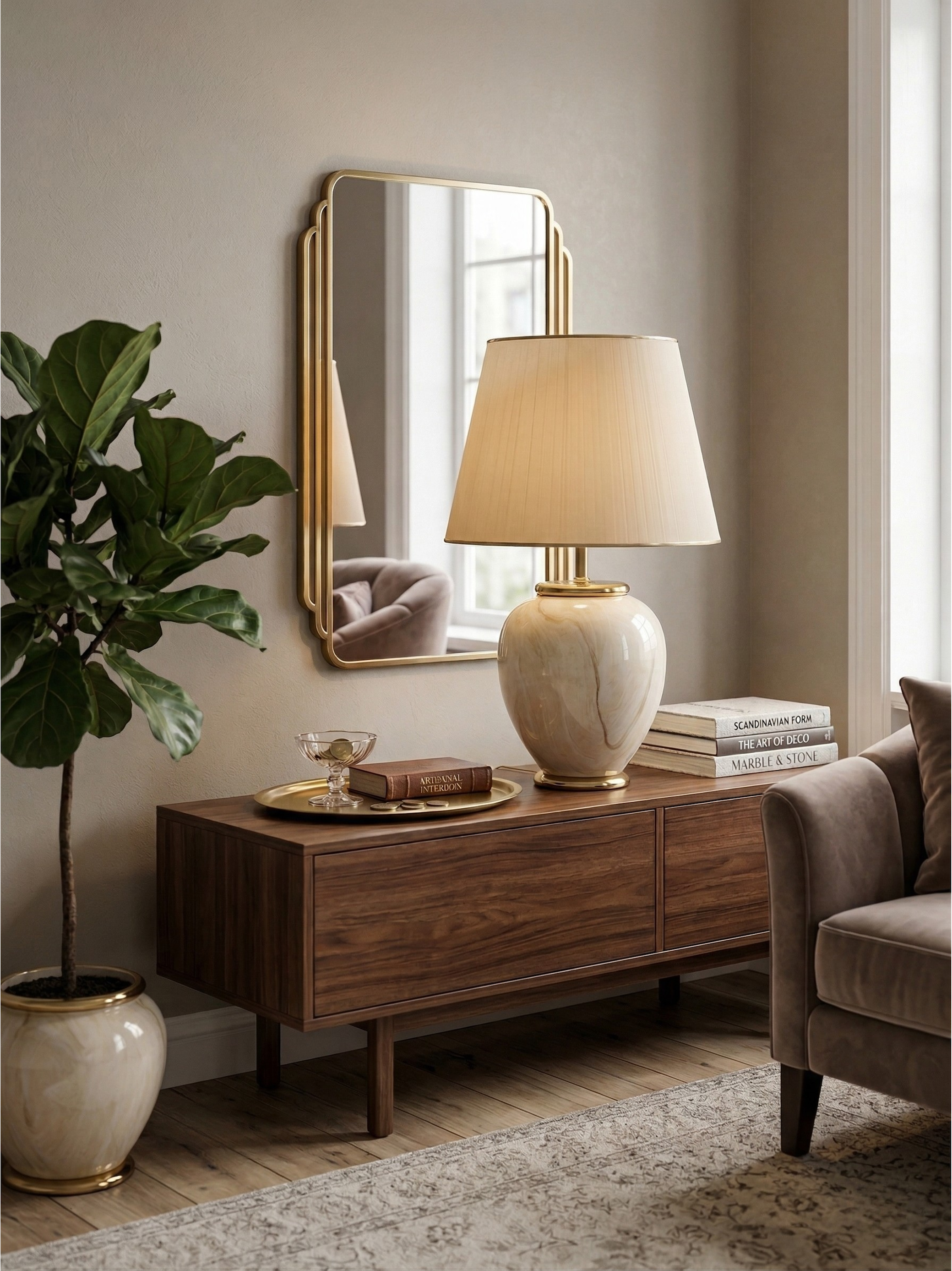 Large vintage ceramic lamp with beige onyx effect and gilded brass – Hollywood Regency style – 81 cm
