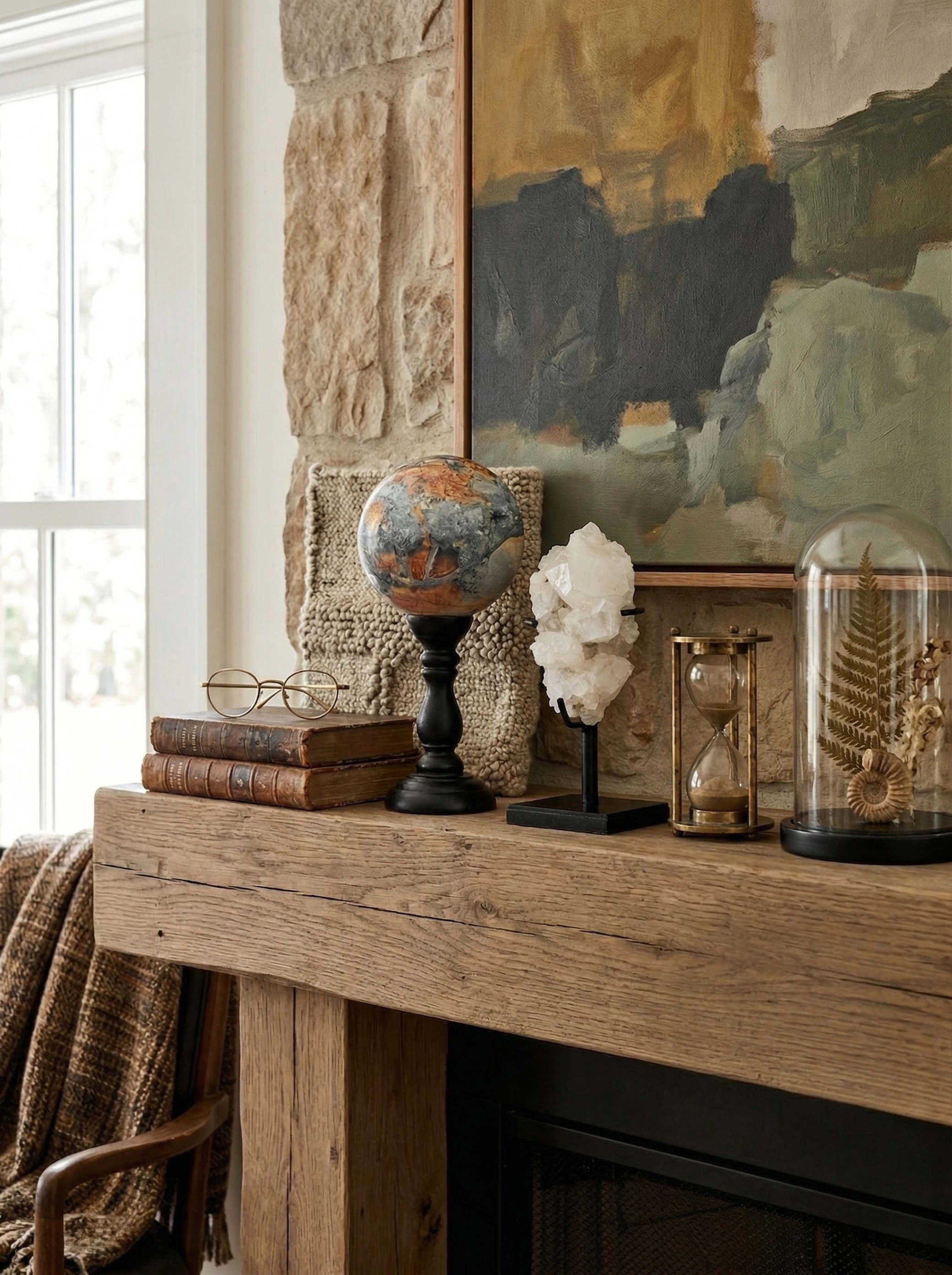 Decorative duo — Maligano Jasper sphere & quartz cluster on bases