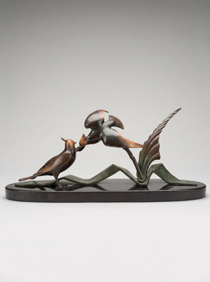 Marcel GUILLEMARD (1886–1932) / Atelier Primavera — Couple de mésanges huppées, importante sculpture Art Déco (77 cm)