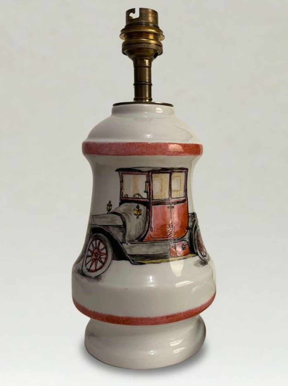 Hand-painted Limoges porcelain lamp – Antique car design – 40cm