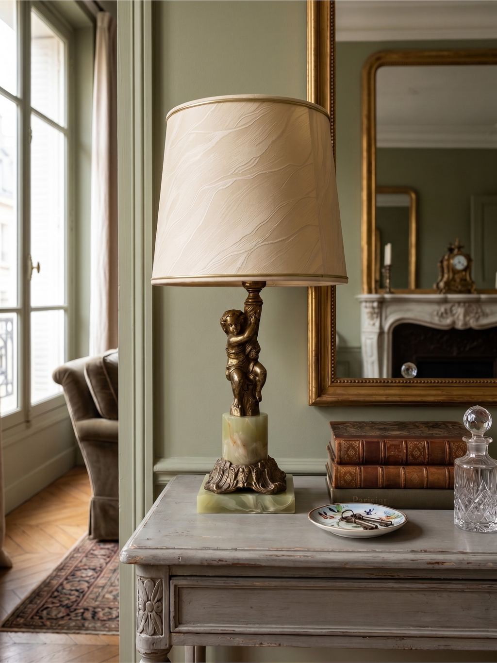 Tischleuchte im Louis XVI-Stil mit Putto aus vergoldetem Metall und Onyx-Effekt-Sockel – 48 cm