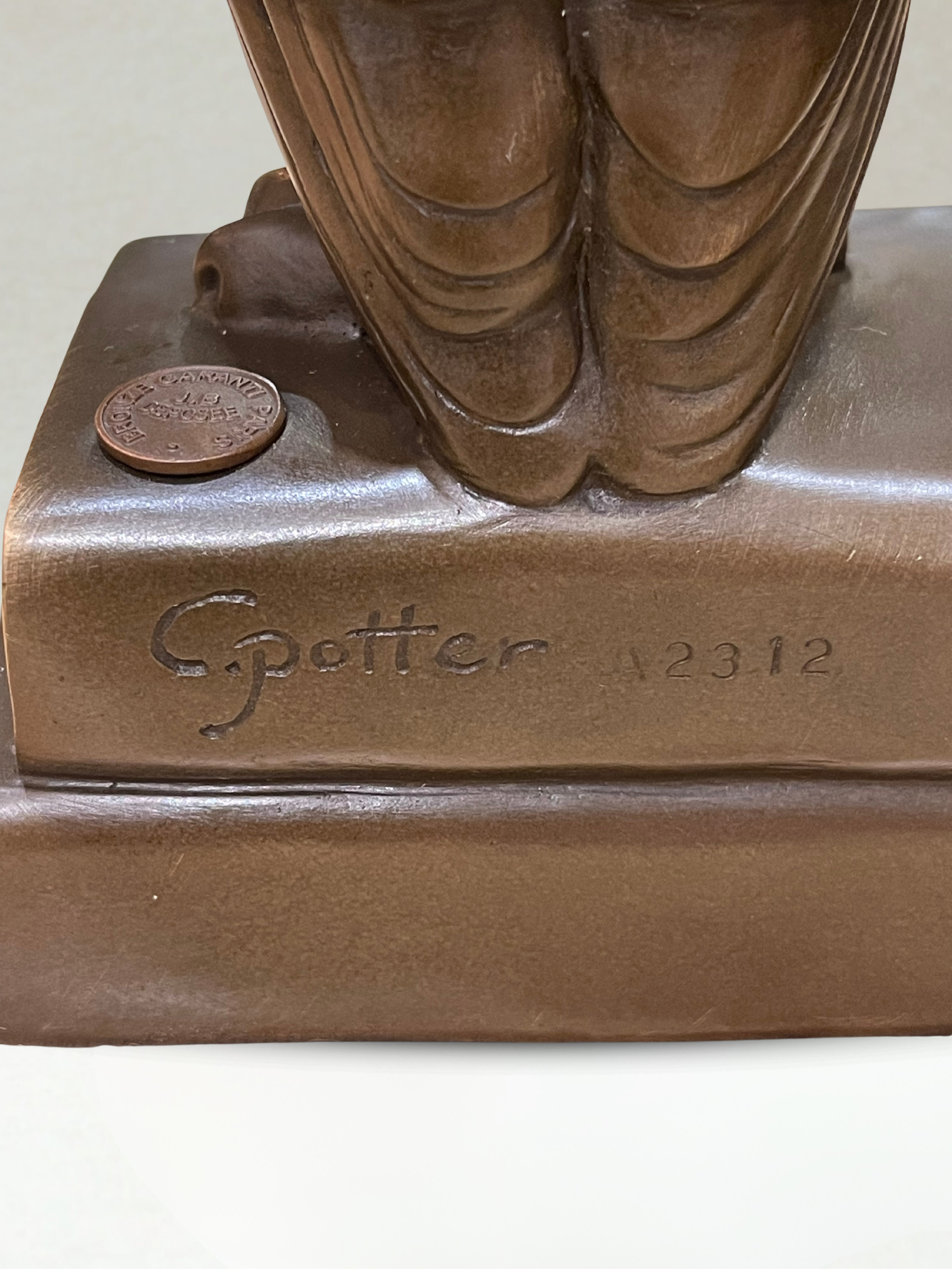 Art Deco Bronze Owl – Signed C. Potter – Bronze Garanti Paris – Book base