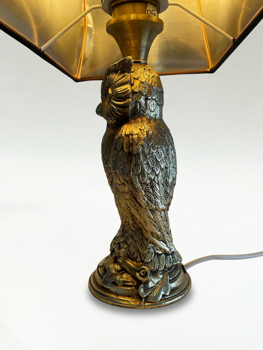 Vintage Eulenlampe aus vergoldetem Metall – Deknudt – Hollywood Regency Stil – 42 cm