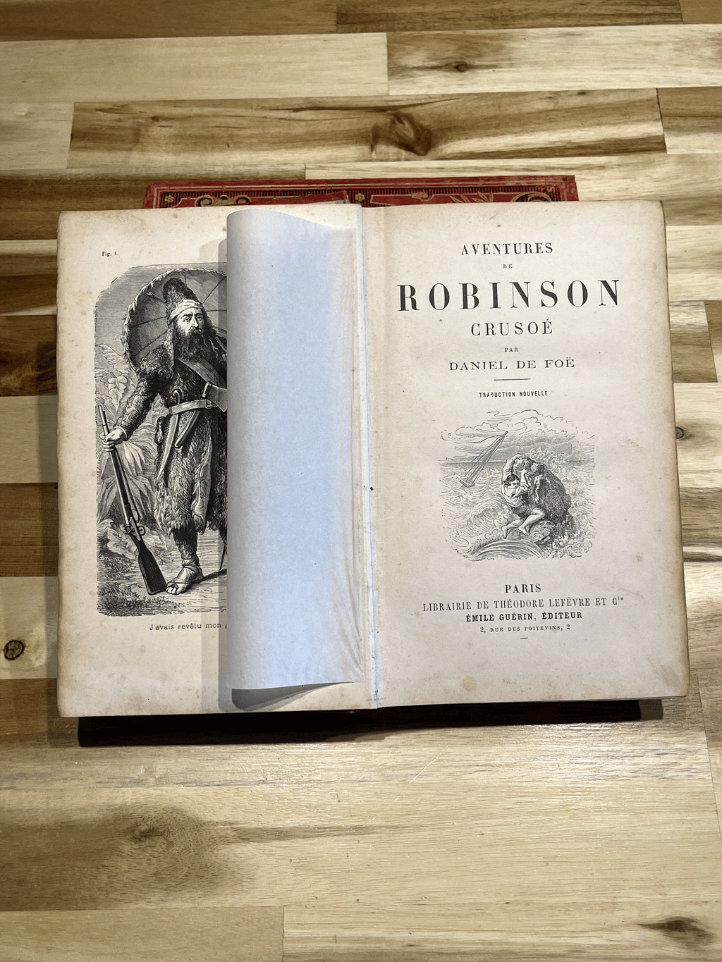 Livre ancien “Aventures de Robinson Crusoé” – Daniel De Foë – Émile Guérin Éditeur – Fin XIXe siècle – Reliure rouge illustrée