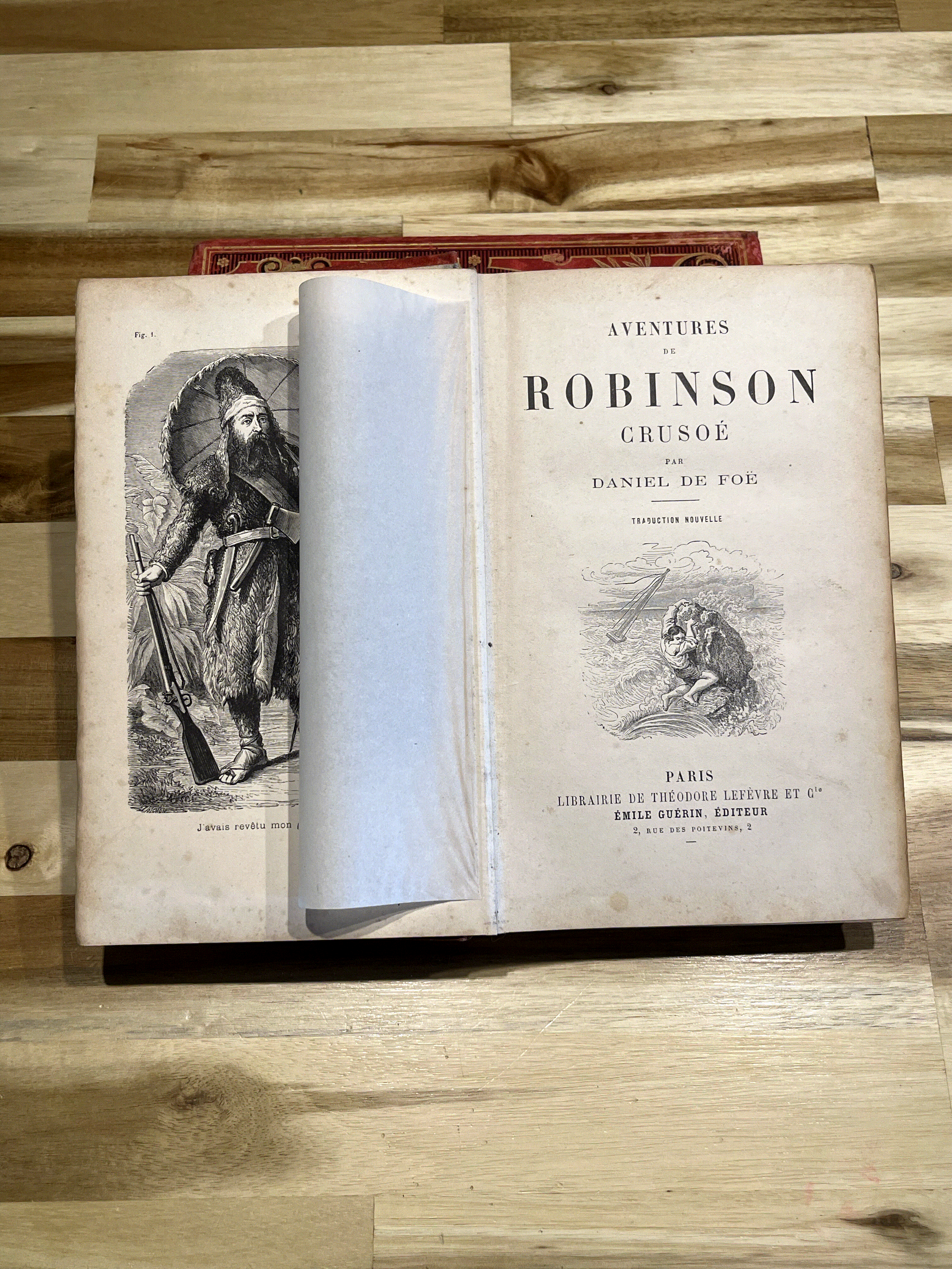 Livre ancien “Aventures de Robinson Crusoé” – Daniel De Foë – Émile Guérin Éditeur – Fin XIXe siècle – Reliure rouge illustrée