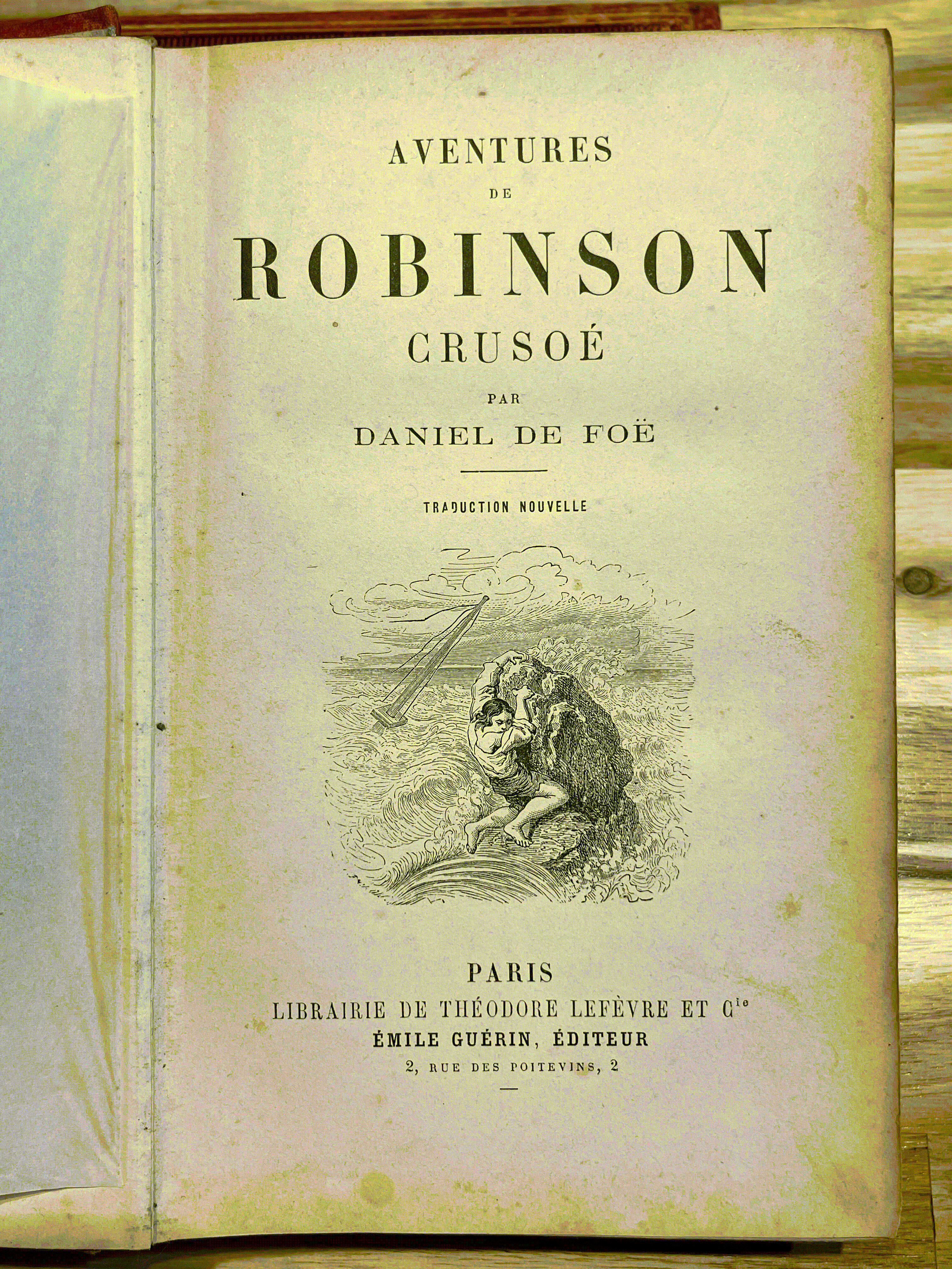 Livre ancien “Aventures de Robinson Crusoé” – Daniel De Foë – Émile Guérin Éditeur – Fin XIXe siècle – Reliure rouge illustrée