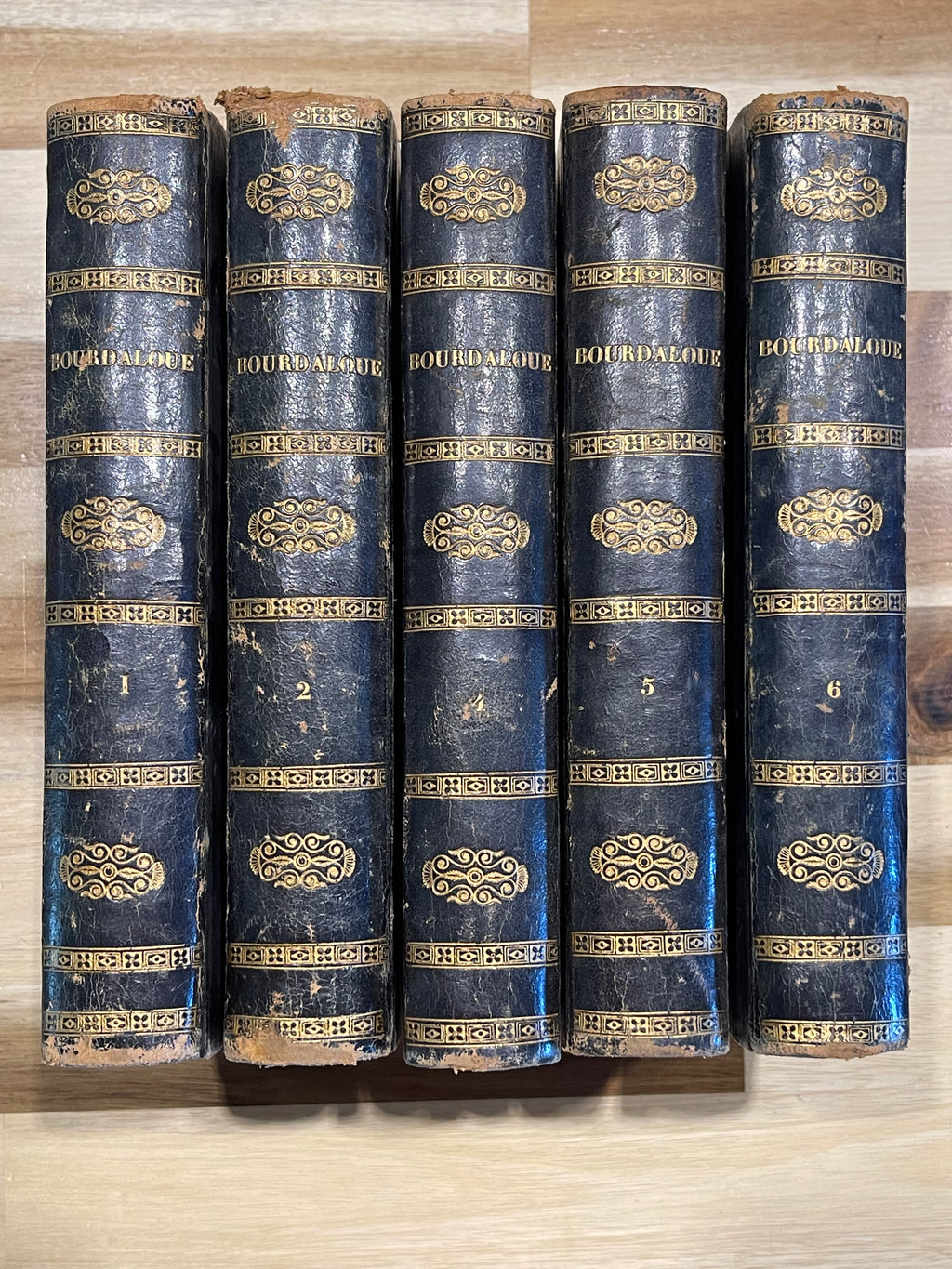 Lot de 5 livres anciens reliés – Œuvres de Bourdaloue – Édition de 1850 – Reliures plein cuir – XIXe siècle