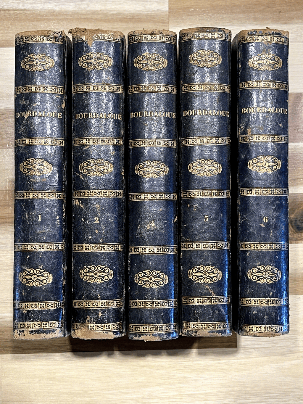 Lot de 5 livres anciens reliés – Œuvres de Bourdaloue – Édition de 1850 – Reliures plein cuir – XIXe siècle