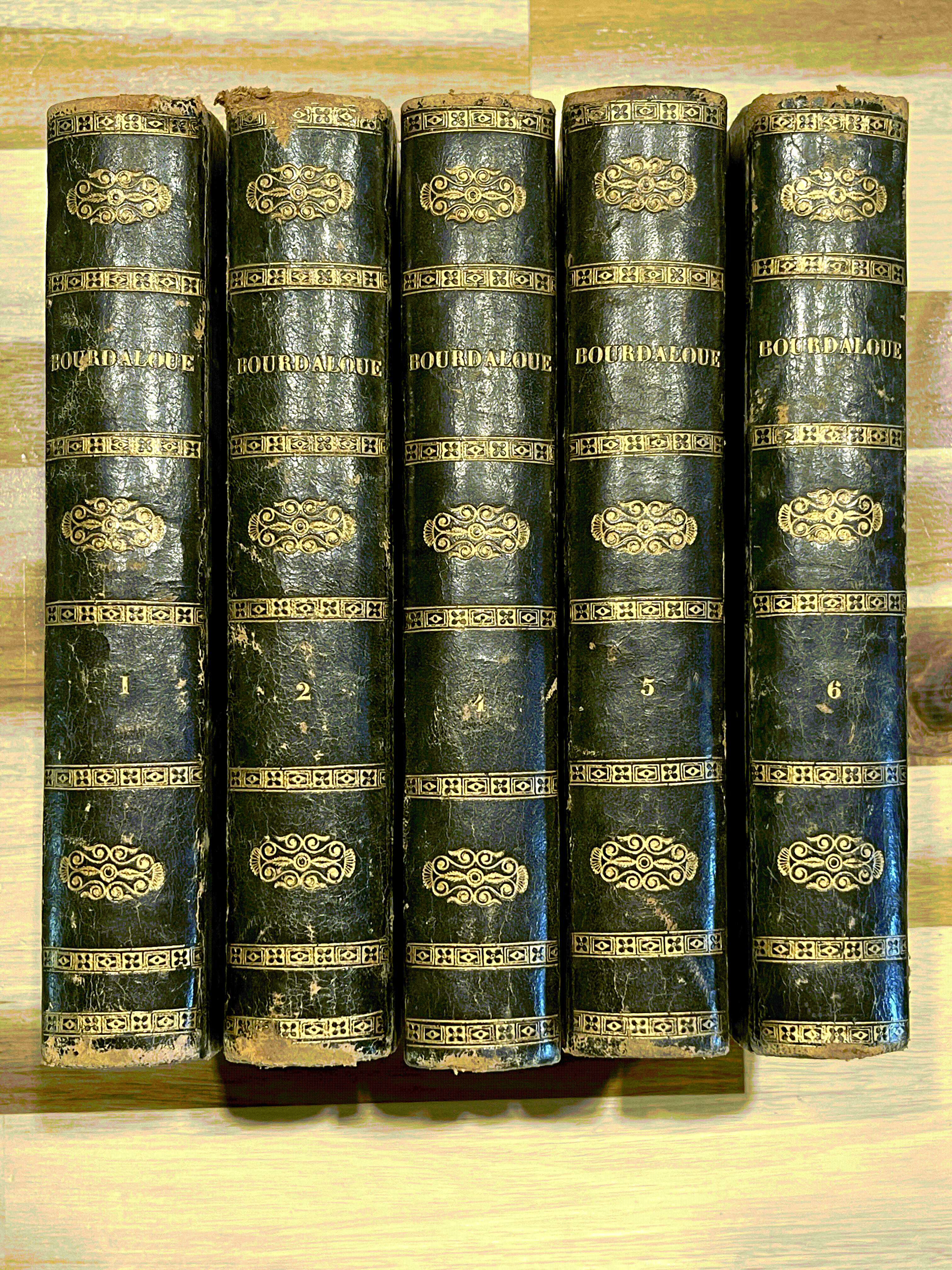 Lot de 5 livres anciens reliés – Œuvres de Bourdaloue – Édition de 1850 – Reliures plein cuir – XIXe siècle