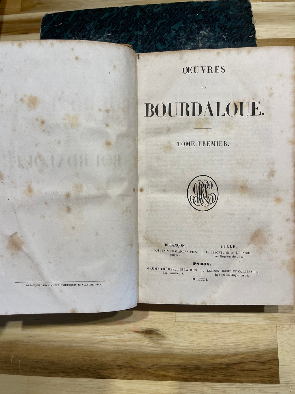 Lot de 5 livres anciens reliés – Œuvres de Bourdaloue – Édition de 1850 – Reliures plein cuir – XIXe siècle