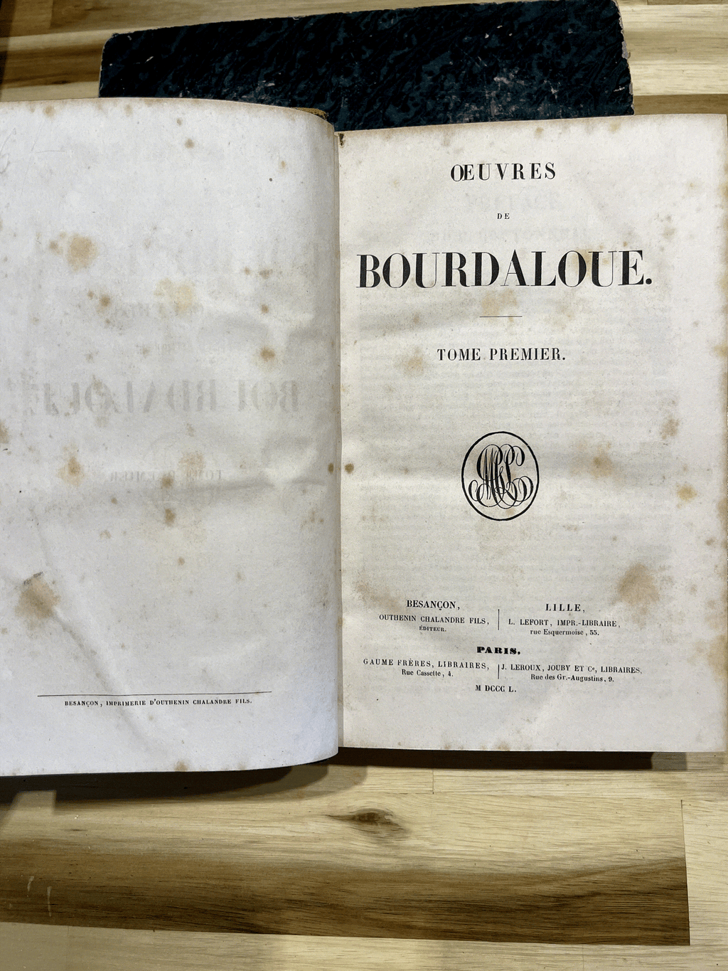 Lot de 5 livres anciens reliés – Œuvres de Bourdaloue – Édition de 1850 – Reliures plein cuir – XIXe siècle