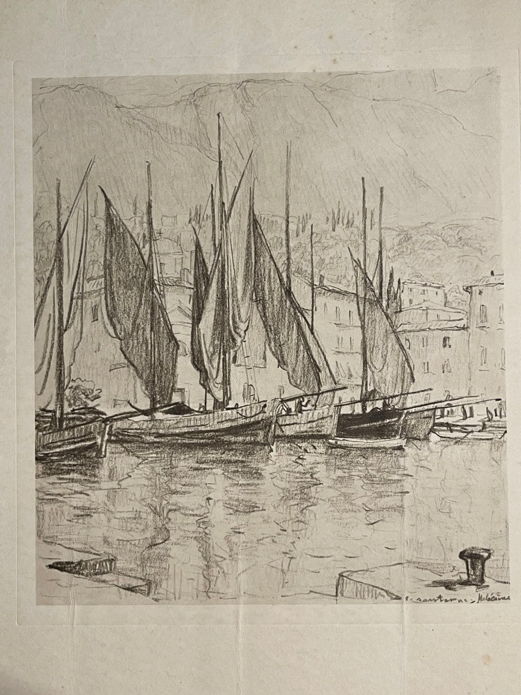 Robert Santerne – Estampe de port aux voiliers – 40 cm
