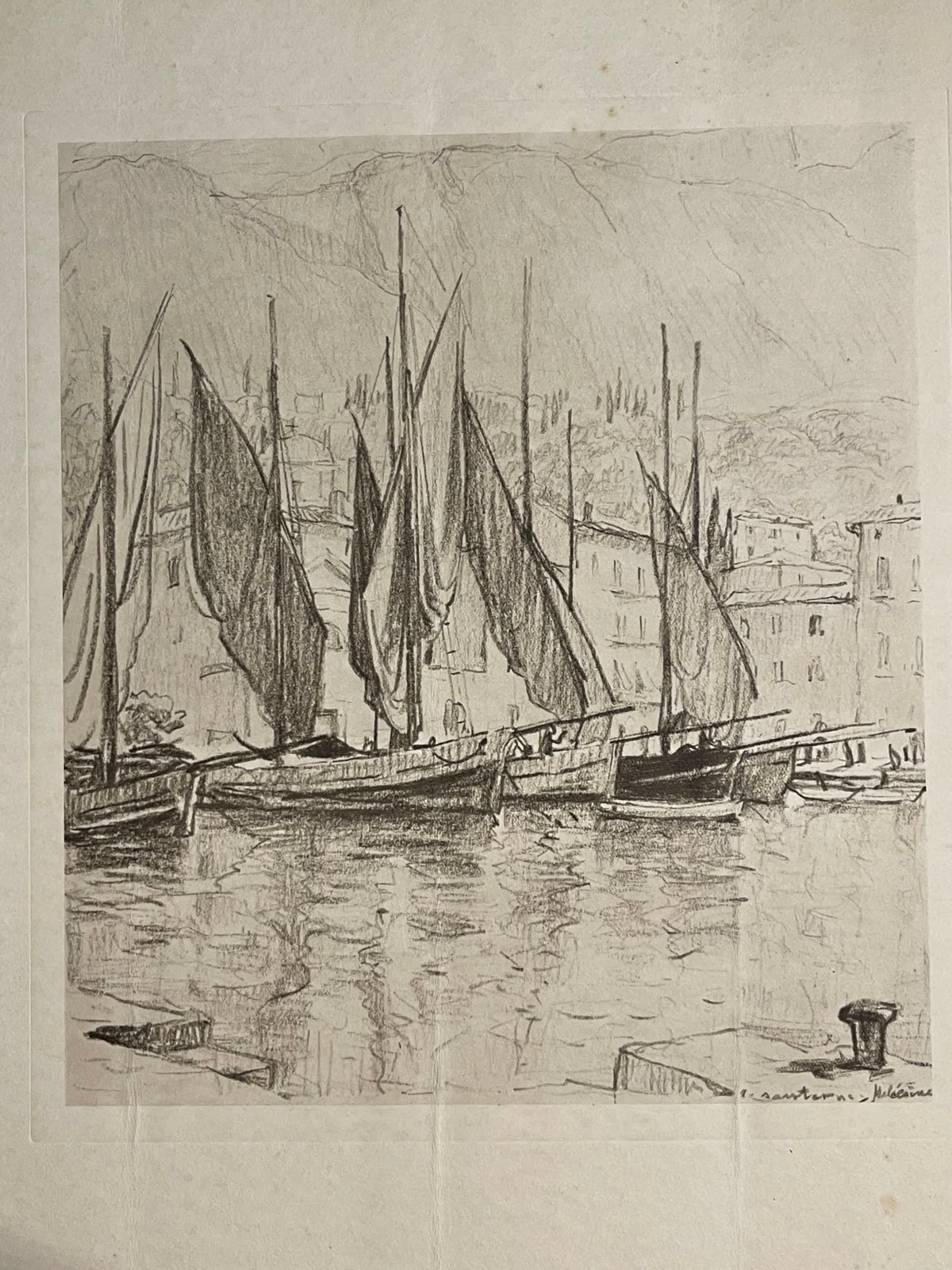 Robert Santerne – Estampe de port aux voiliers – 40 cm