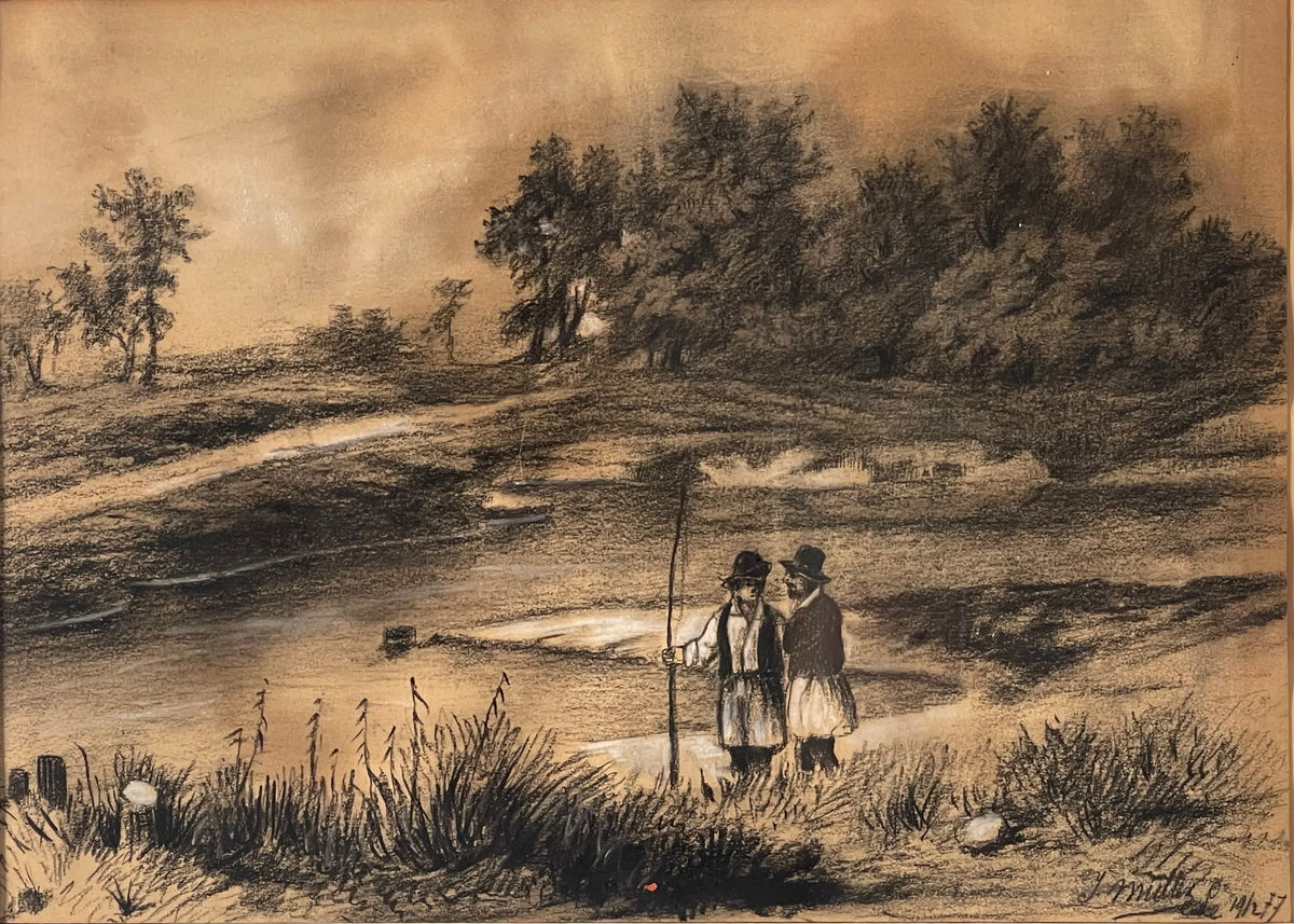 École germanique, XIXe siècle — Pêcheurs au bord d'un étang, fusain et craie blanche, daté 1877