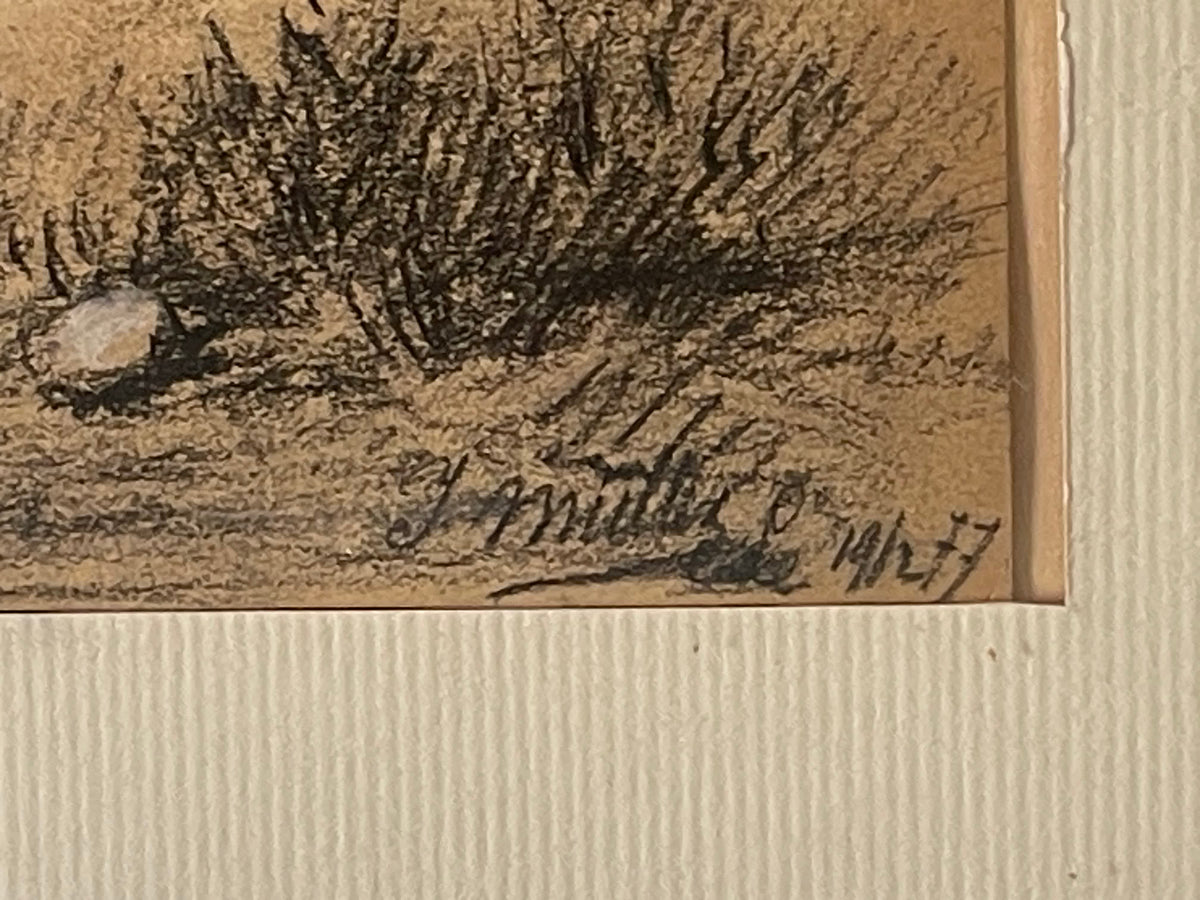 École germanique, XIXe siècle — Pêcheurs au bord d'un étang, fusain et craie blanche, daté 1877
