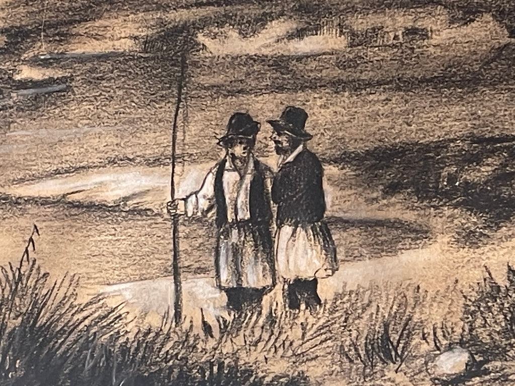 École germanique, XIXe siècle — Pêcheurs au bord d'un étang, fusain et craie blanche, daté 1877