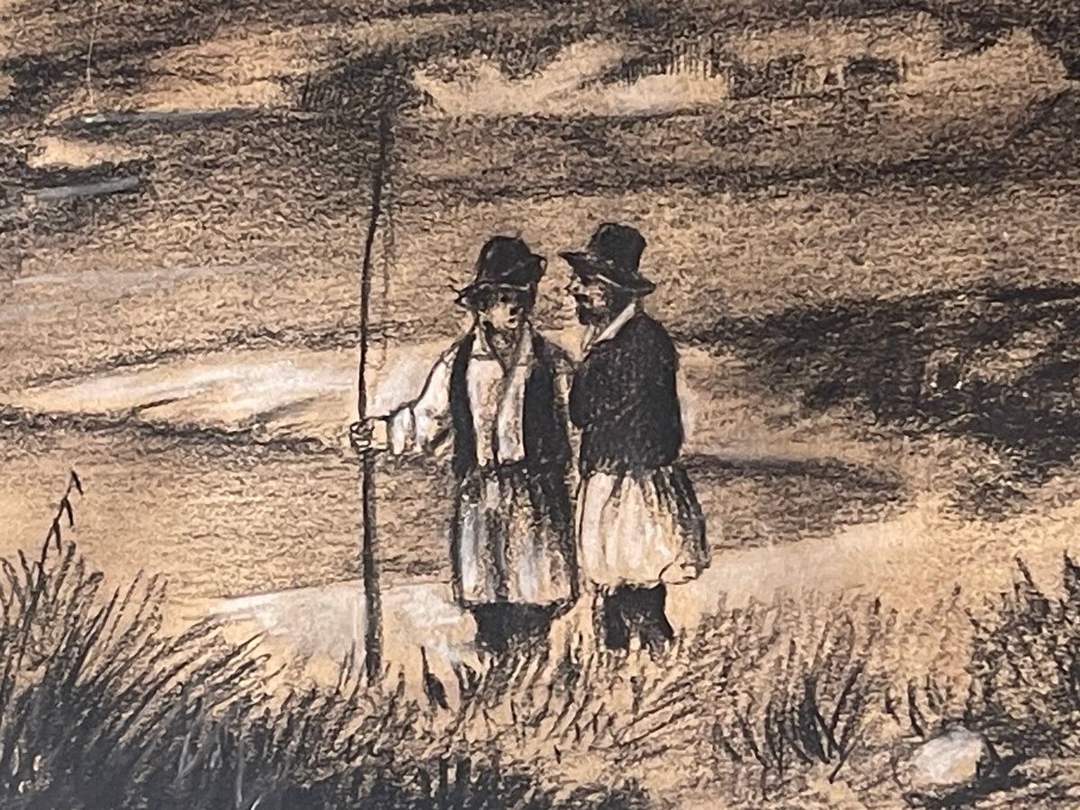 École germanique, XIXe siècle — Pêcheurs au bord d'un étang, fusain et craie blanche, daté 1877
