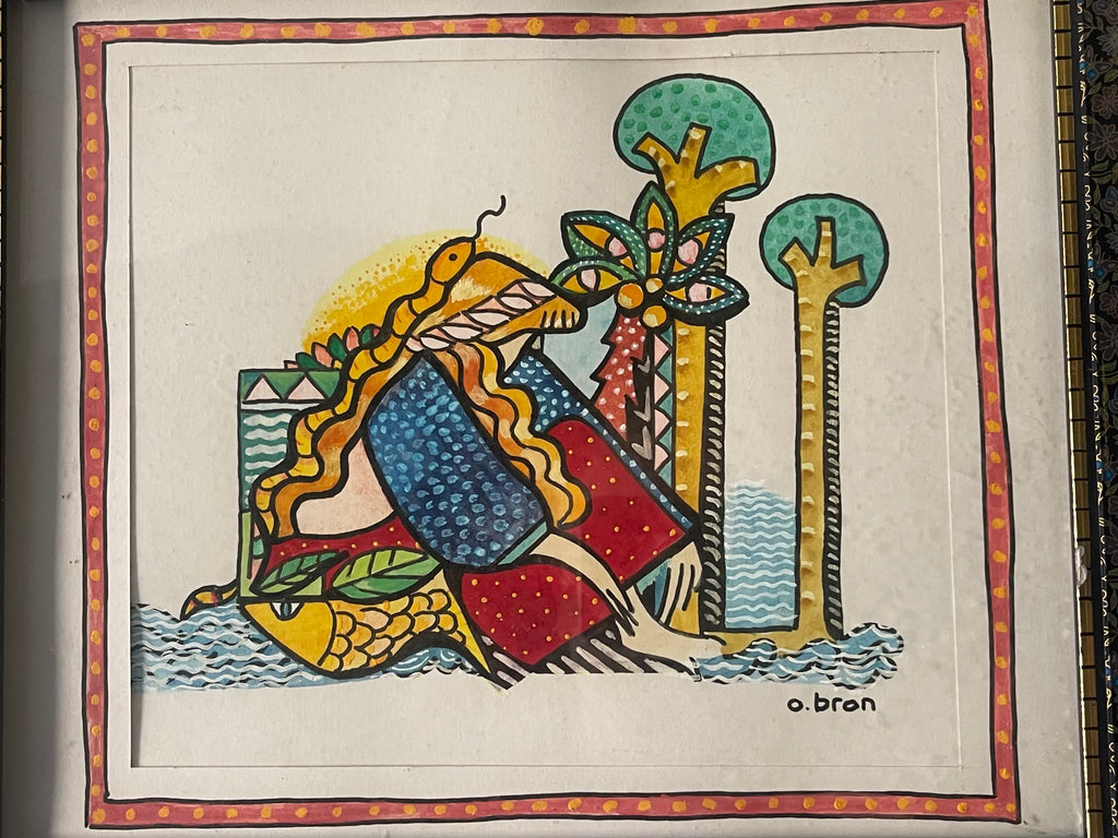 Odile Bron – Femme au serpent – Aquarelle signée, XXe siècle