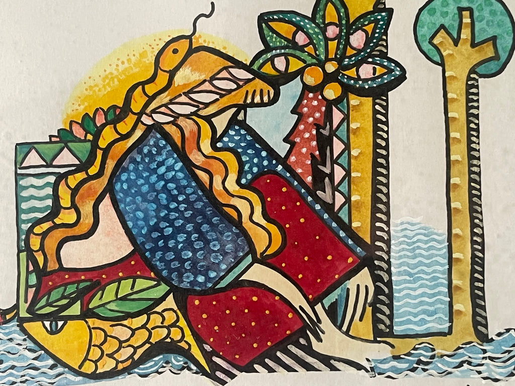 Odile Bron – Femme au serpent – Aquarelle signée, XXe siècle