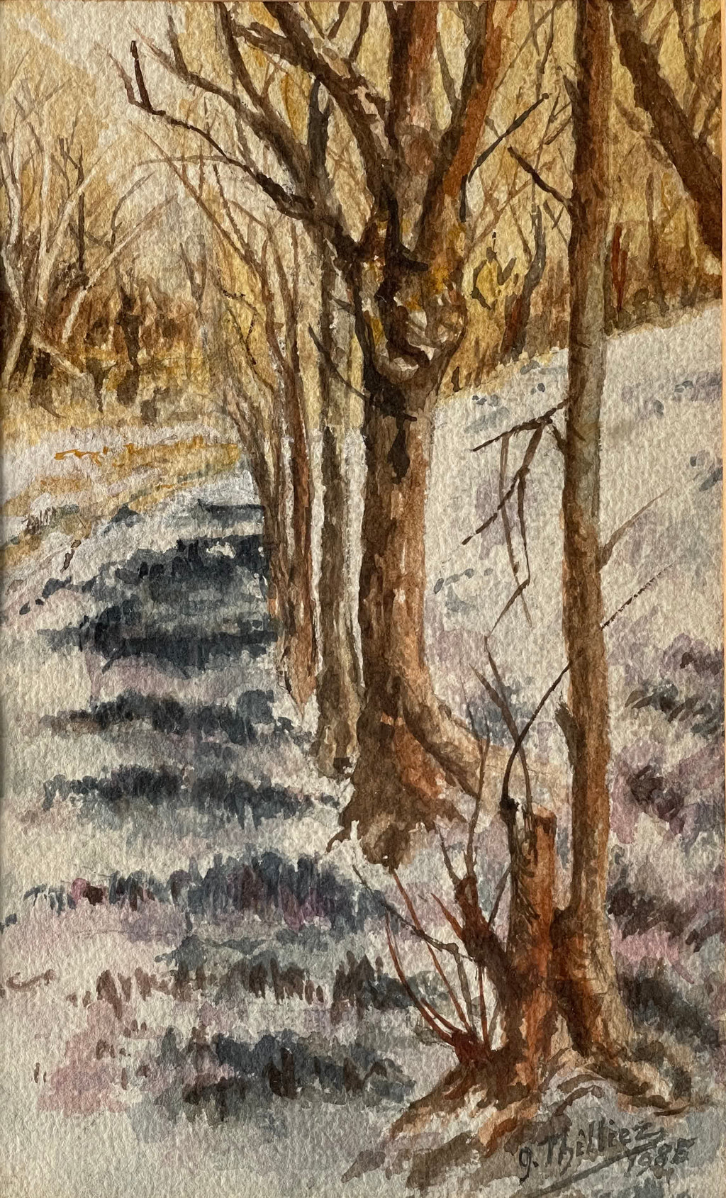 G. Thilliez – Sous-bois enneigé – Aquarelle signée, 1985