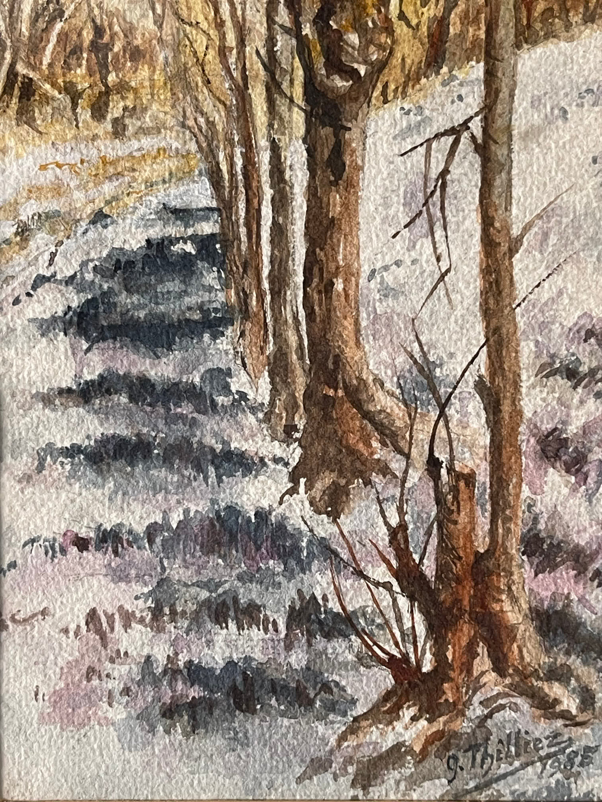 G. Thilliez – Sous-bois enneigé – Aquarelle signée, 1985