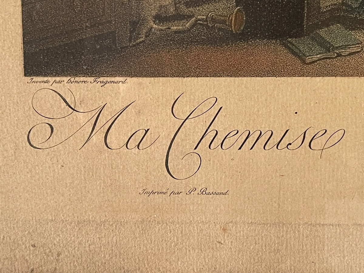 Ma Chemise Brûle ! — Rareté libertine de 1789 : gravure originale en couleurs d’Augustin Le Grand d’après Fragonard