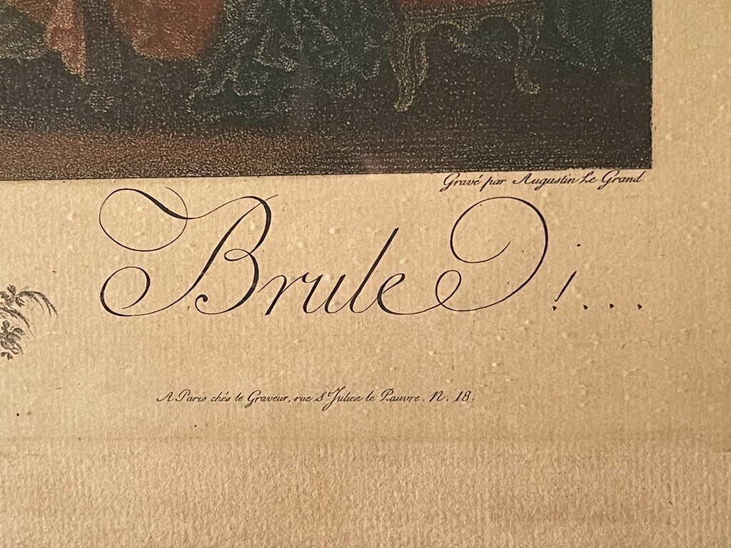 Ma Chemise Brûle ! — Rareté libertine de 1789 : gravure originale en couleurs d’Augustin Le Grand d’après Fragonard