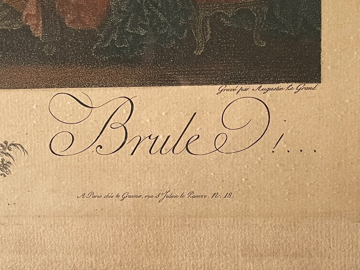 Ma Chemise Brûle ! — Rareté libertine de 1789 : gravure originale en couleurs d’Augustin Le Grand d’après Fragonard