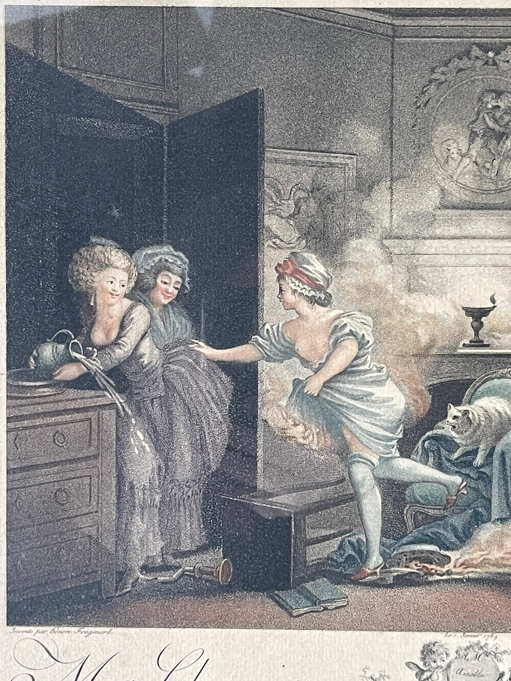 Ma Chemise Brûle ! — Rareté libertine de 1789 : gravure originale en couleurs d’Augustin Le Grand d’après Fragonard